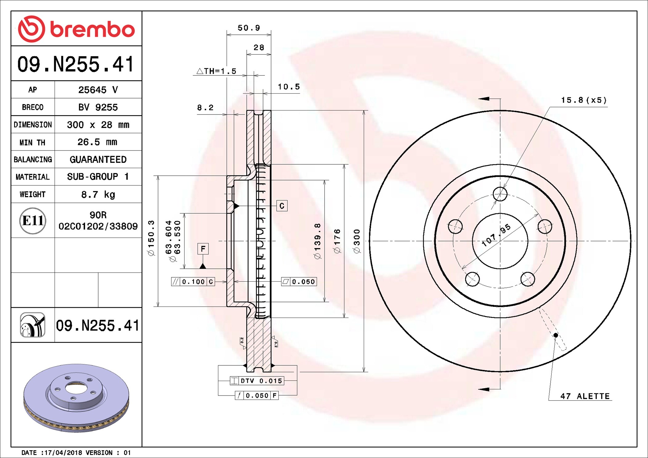 BREMBO BRE09.N255.41 Féktárcsa