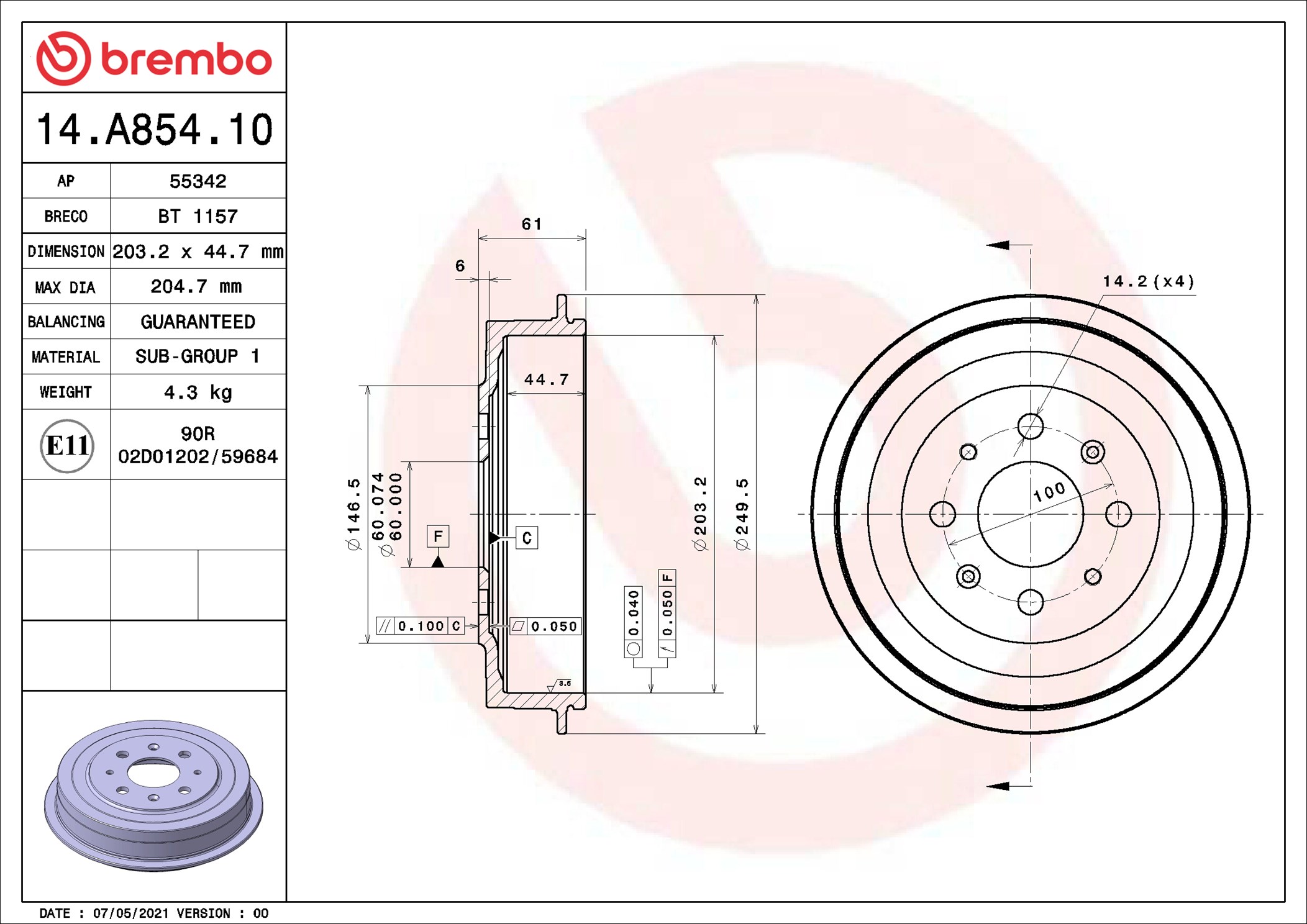 BREMBO BRE14.A854.10 fékdob