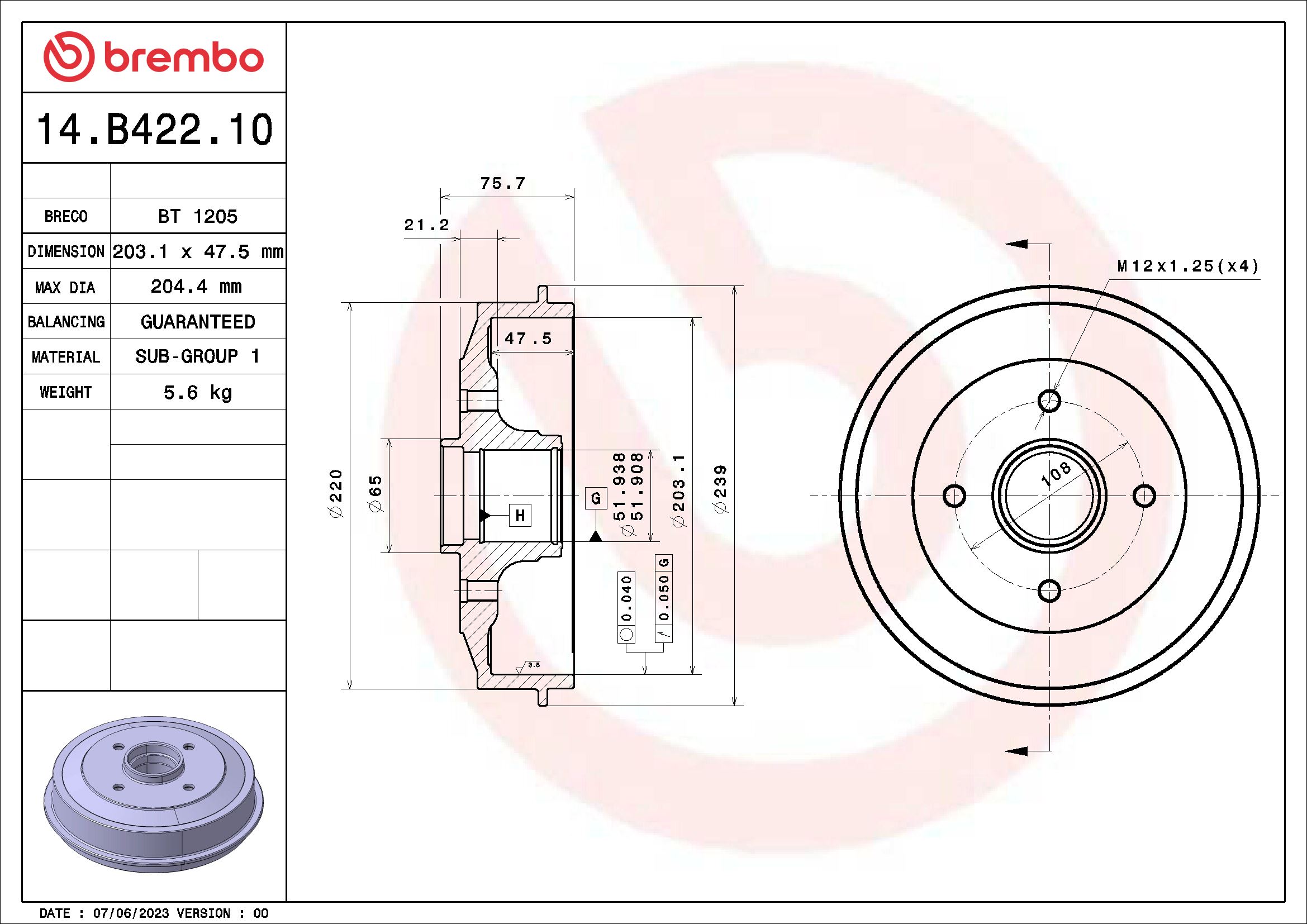 BREMBO BRE14.B422.10 fékdob