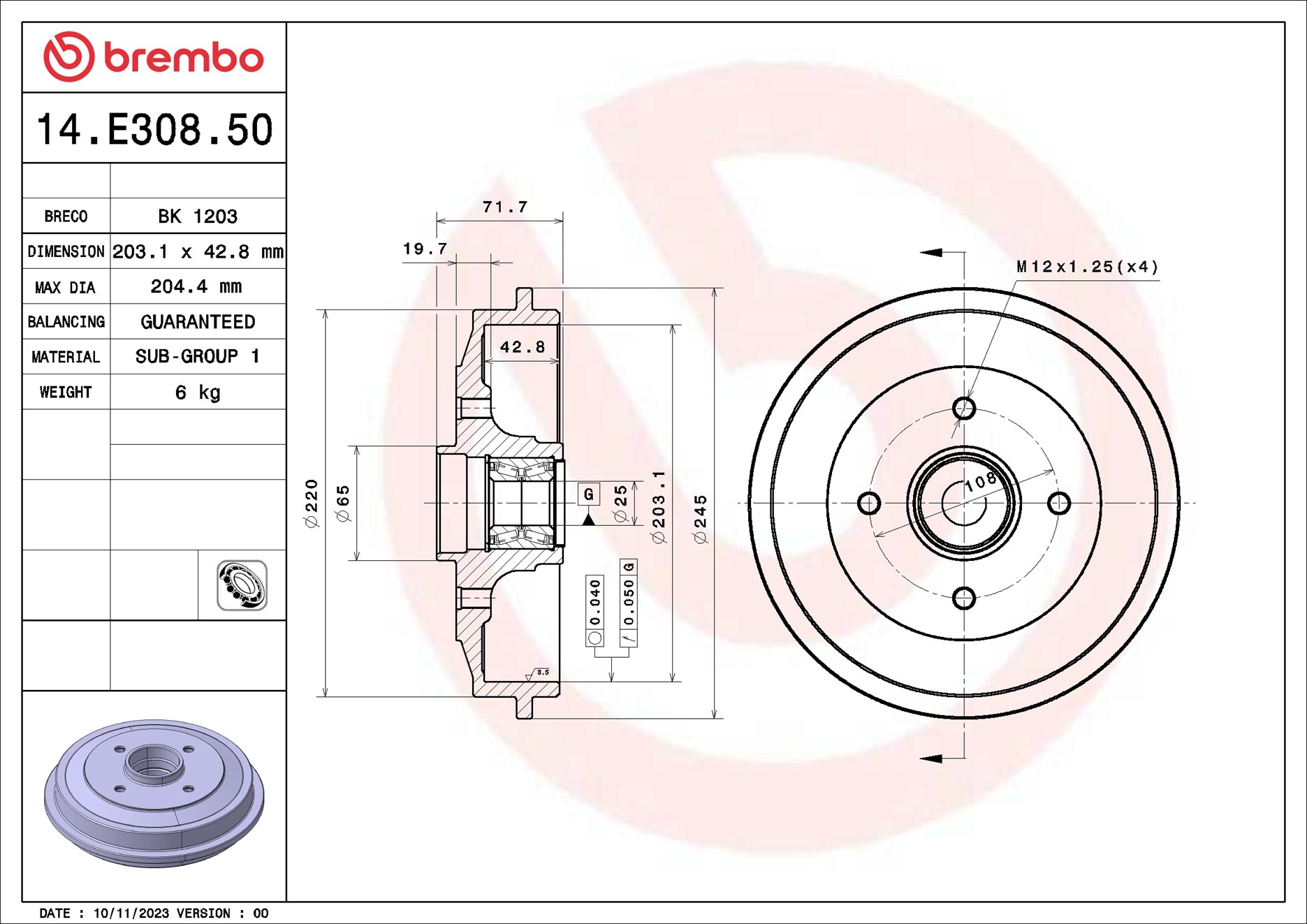 BREMBO BRE14.E308.50 Fékdob