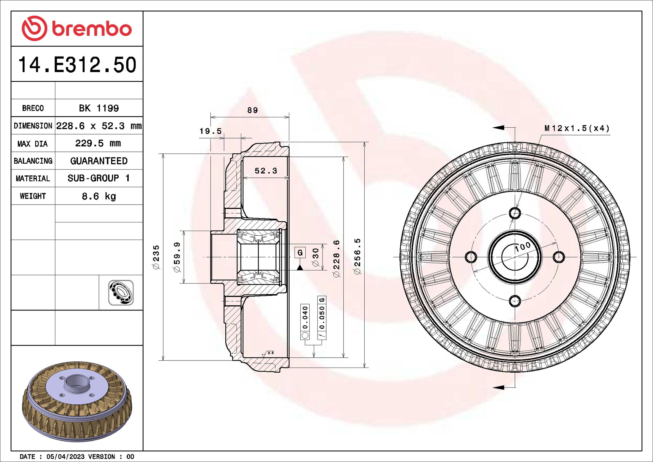 BREMBO BRE14.E312.50 fékdob