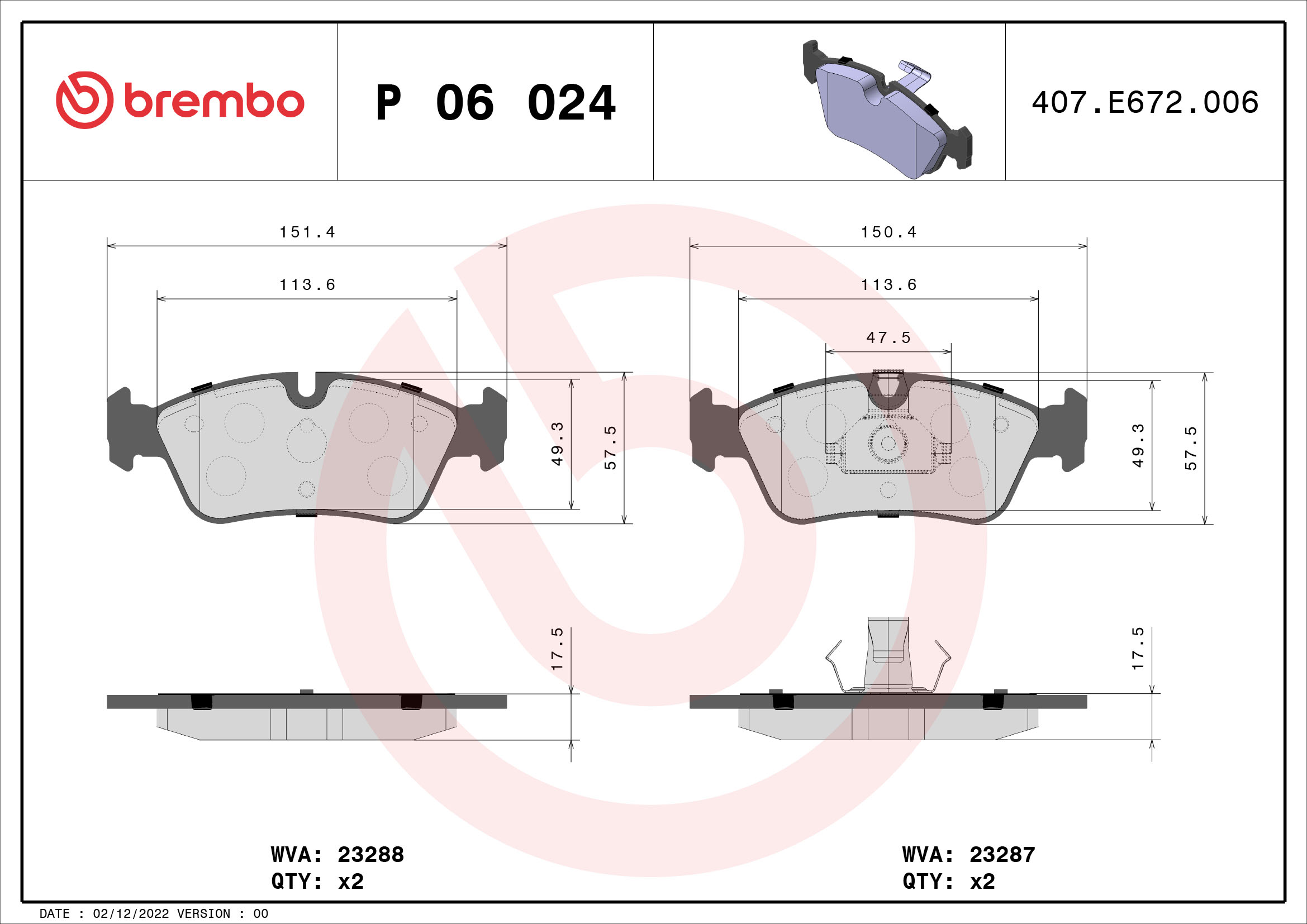 BREMBO 1001062294 P06024 - Első fékbetét készlet