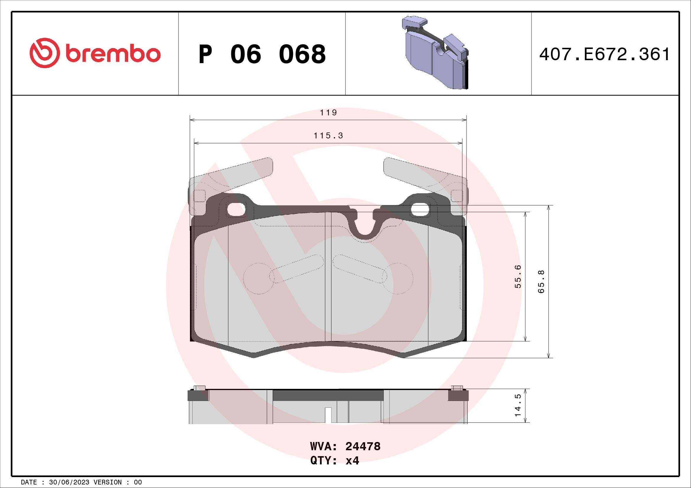 BREMBO BREP06068 fékbetét készlet, tárcsafék