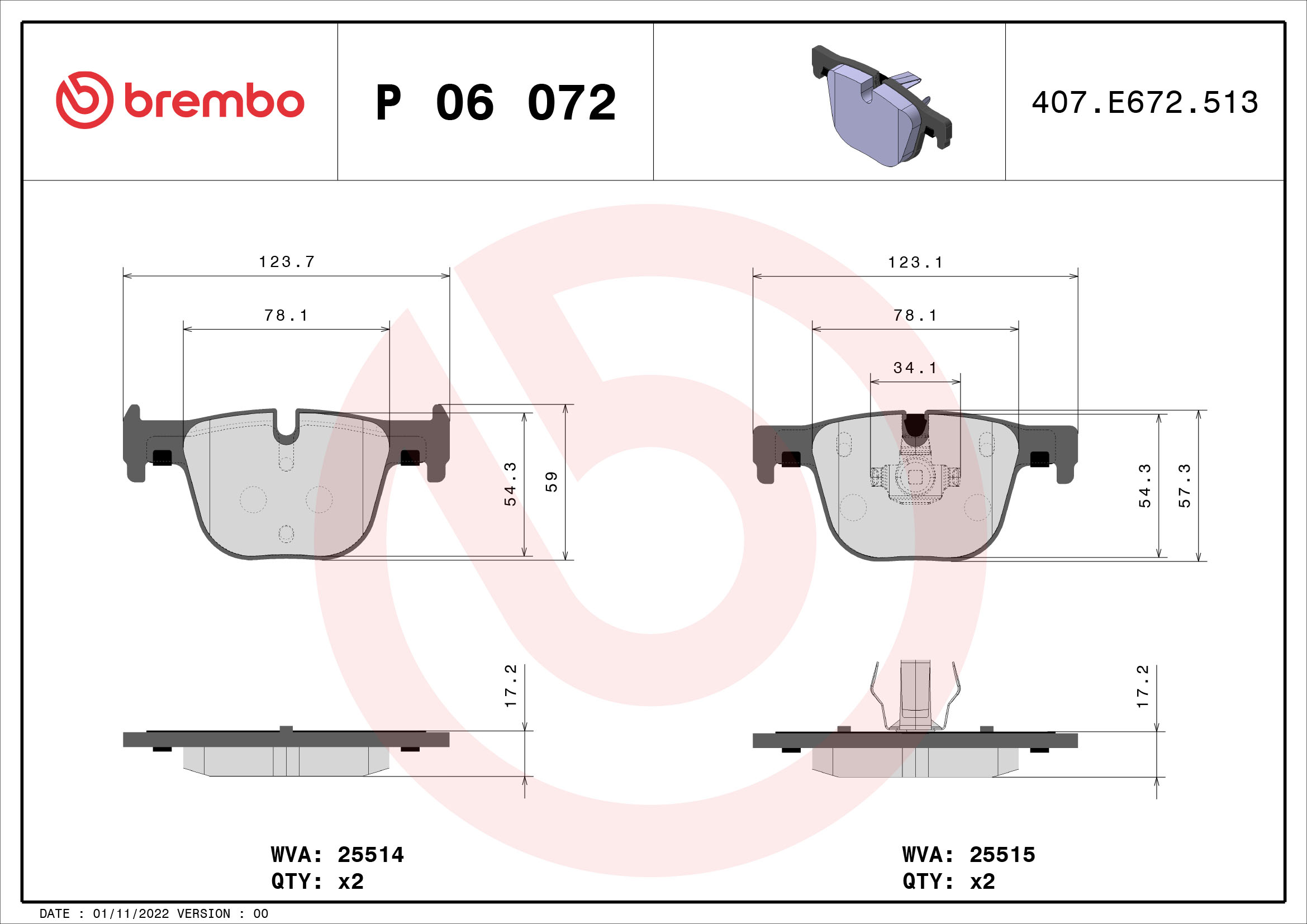 BREMBO BREP06072 fékbetét készlet, tárcsafék