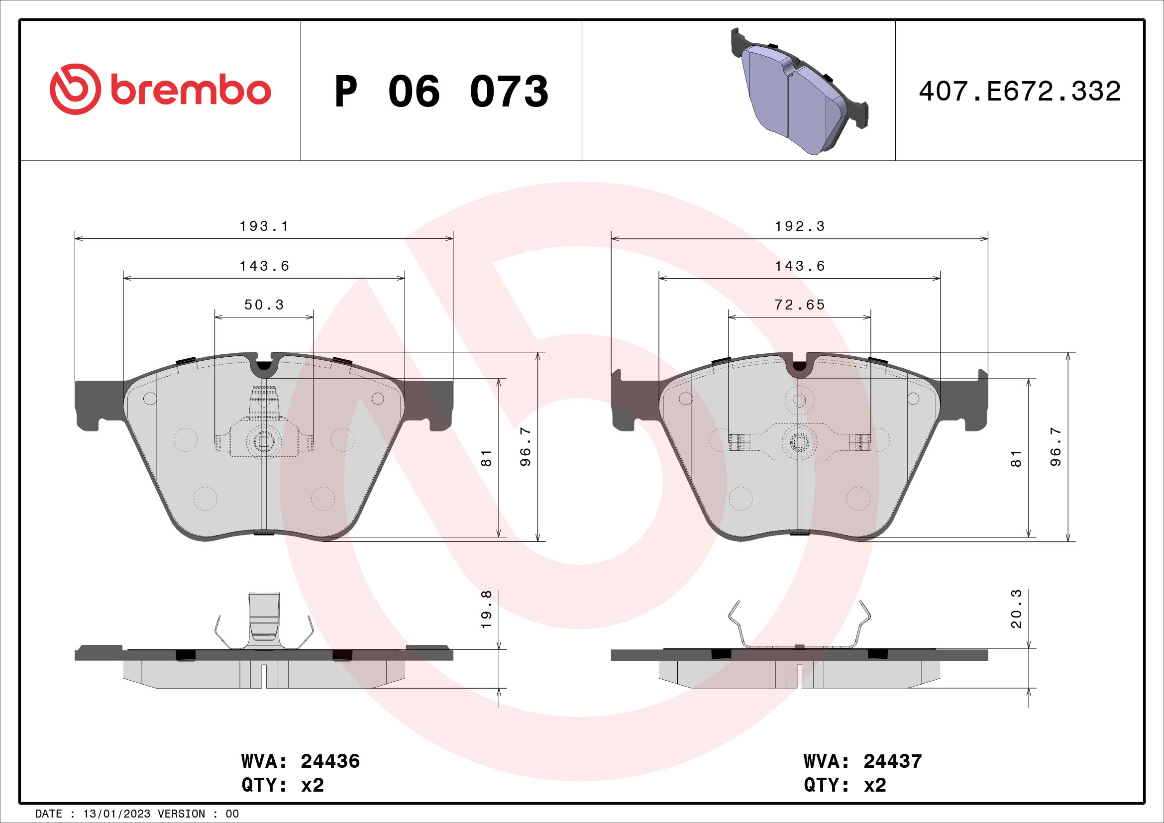 BREMBO P06073 Fékbetét készlet, tárcsafék