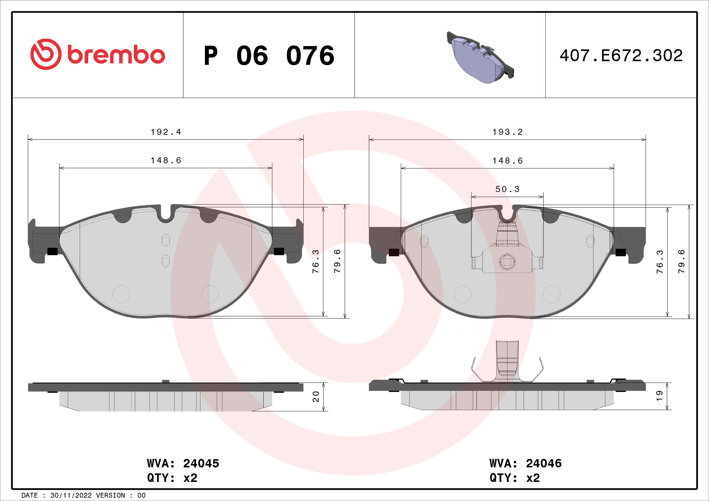 BREMBO BREP06076 fékbetét készlet, tárcsafék