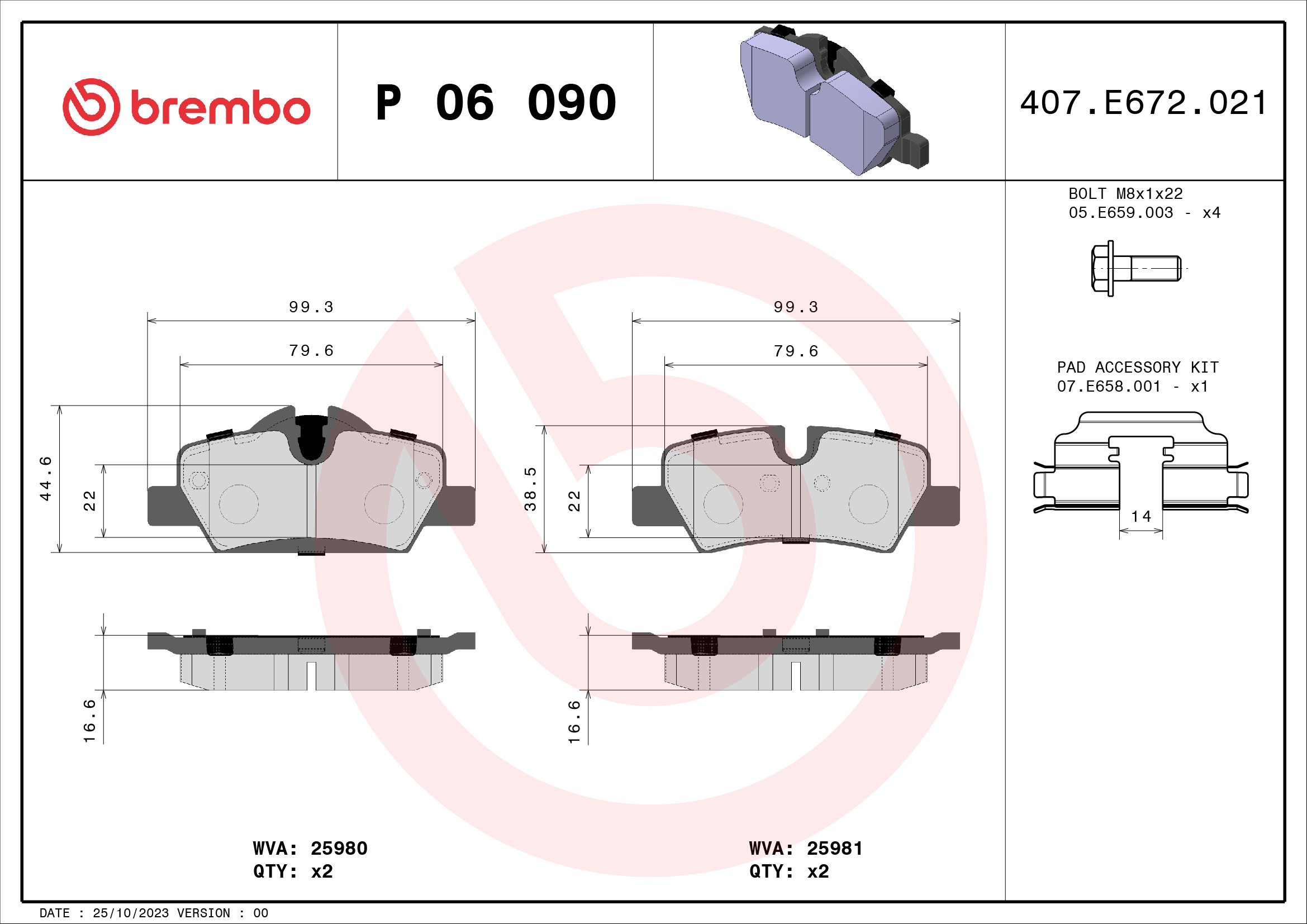 BREMBO 1001538599 P06090 - HÁTSÓ FÉKBETÉT KÉSZLET