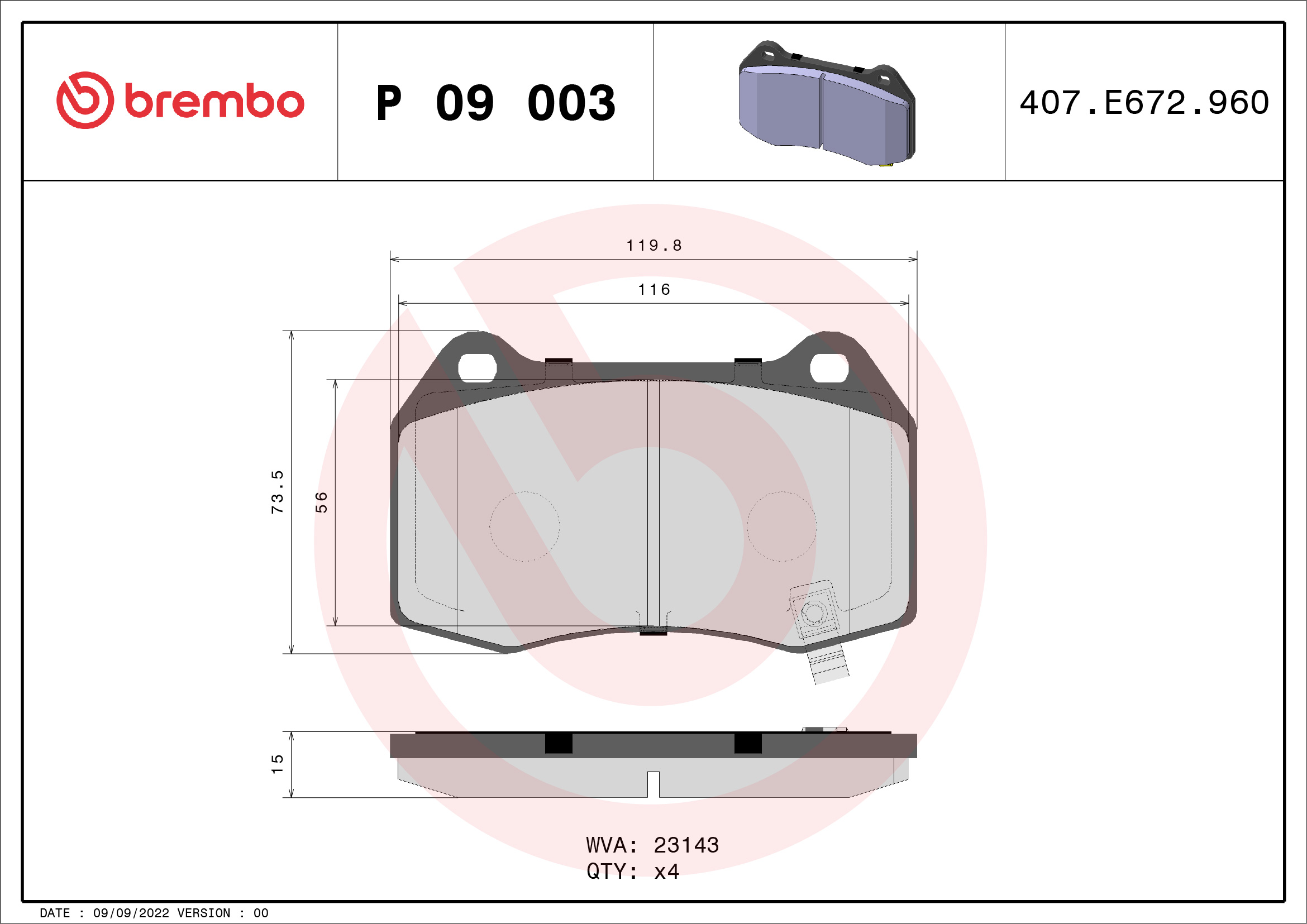 BREMBO BP09003 Fékbetét készlet, tárcsafék