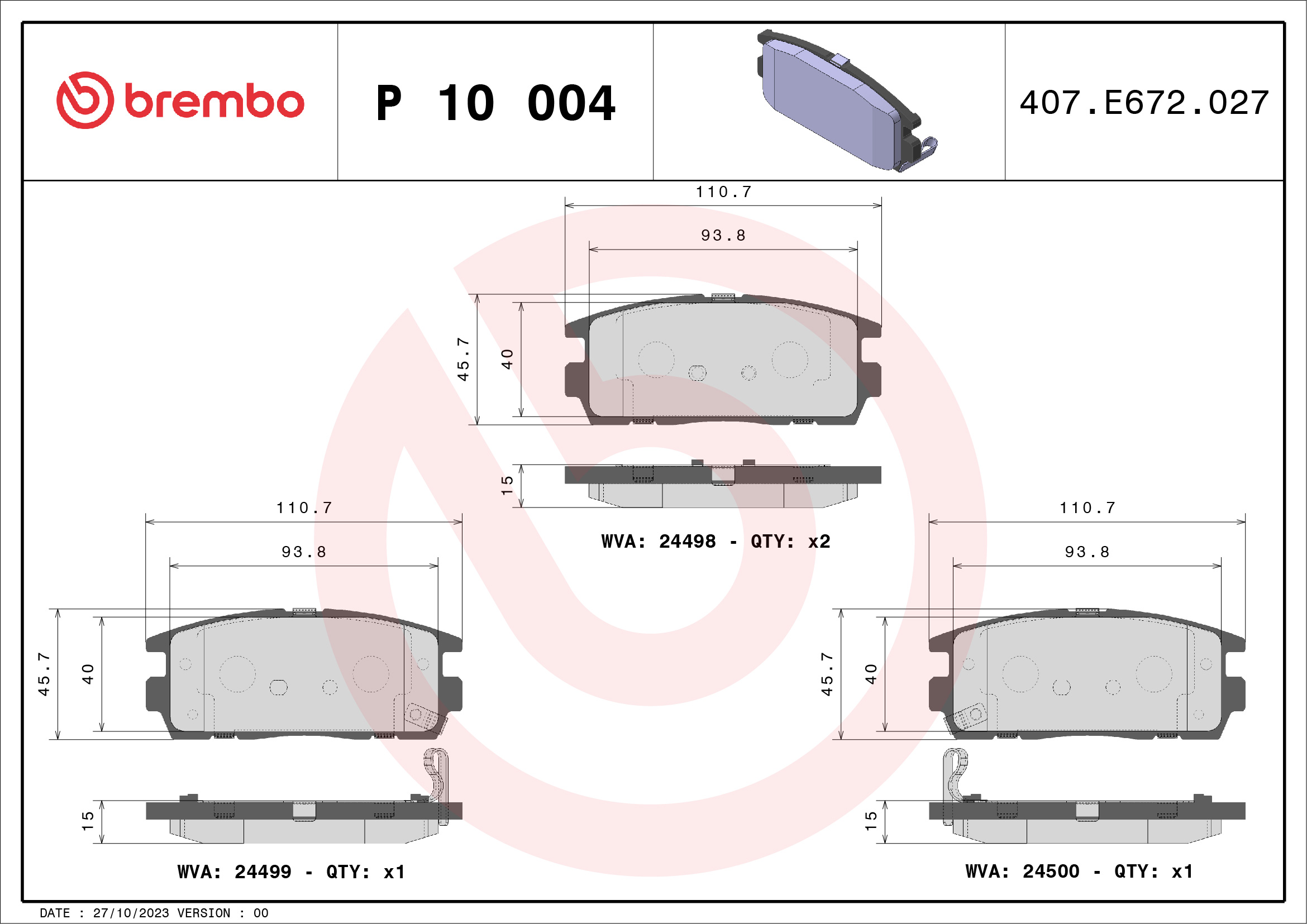 BREMBO 1001062350 P10004 - HÁTSÓ FÉKBETÉT KÉSZLET