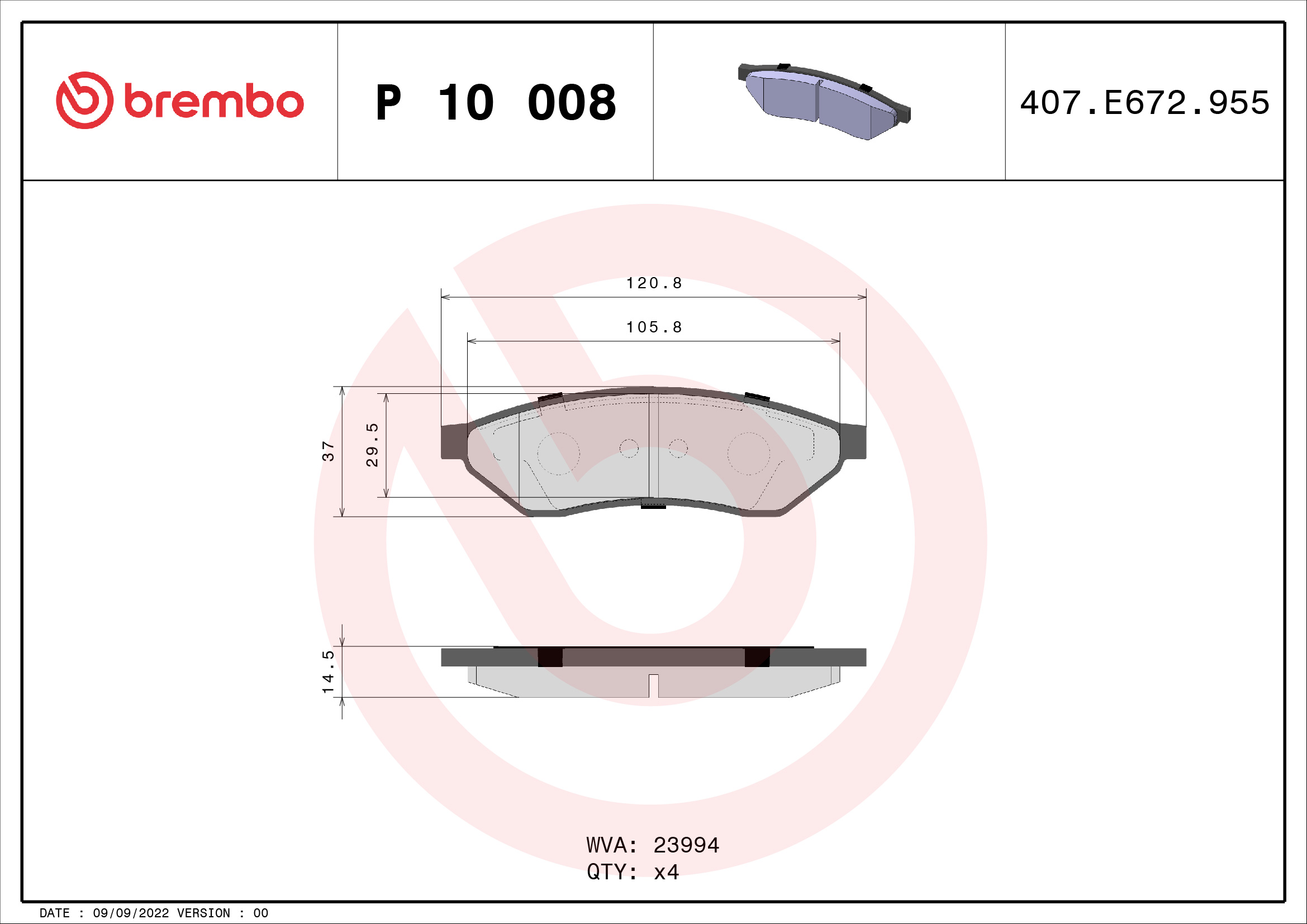 BREMBO P10008 Fékbetét készlet, tárcsafék