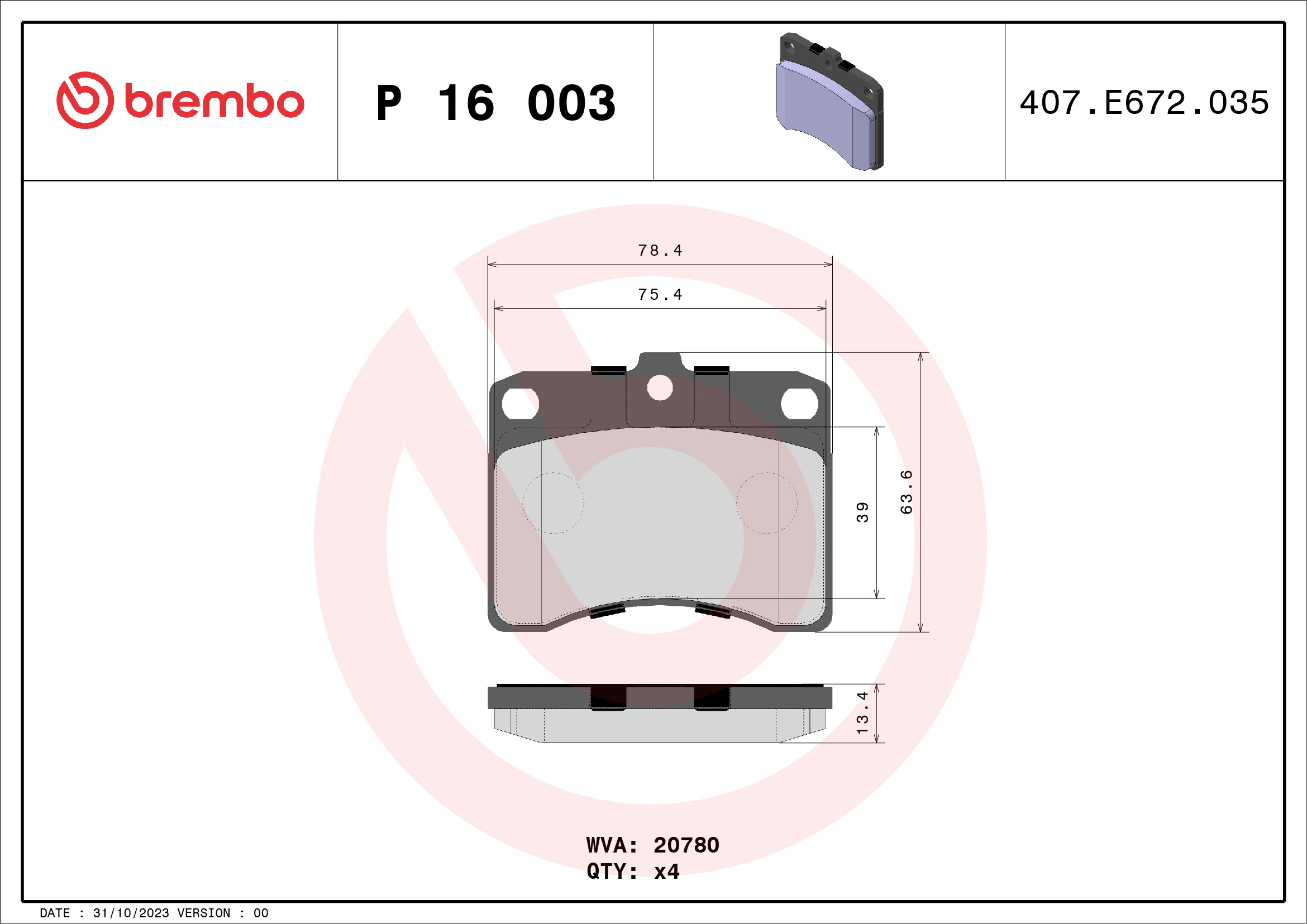 BREMBO BP16003 Fékbetét készlet, tárcsafék