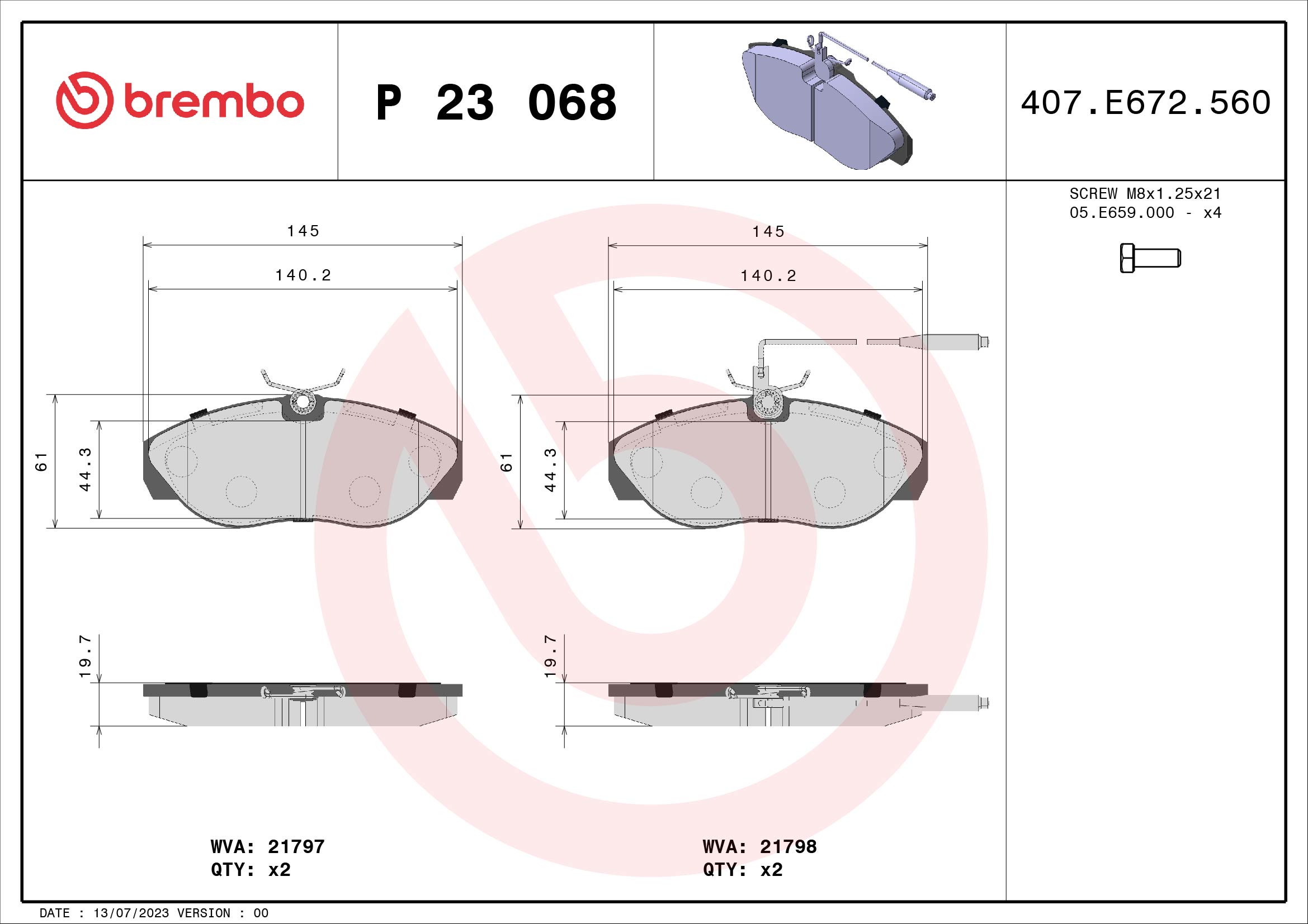 BREMBO P23068 Fékbetét készlet, tárcsafék