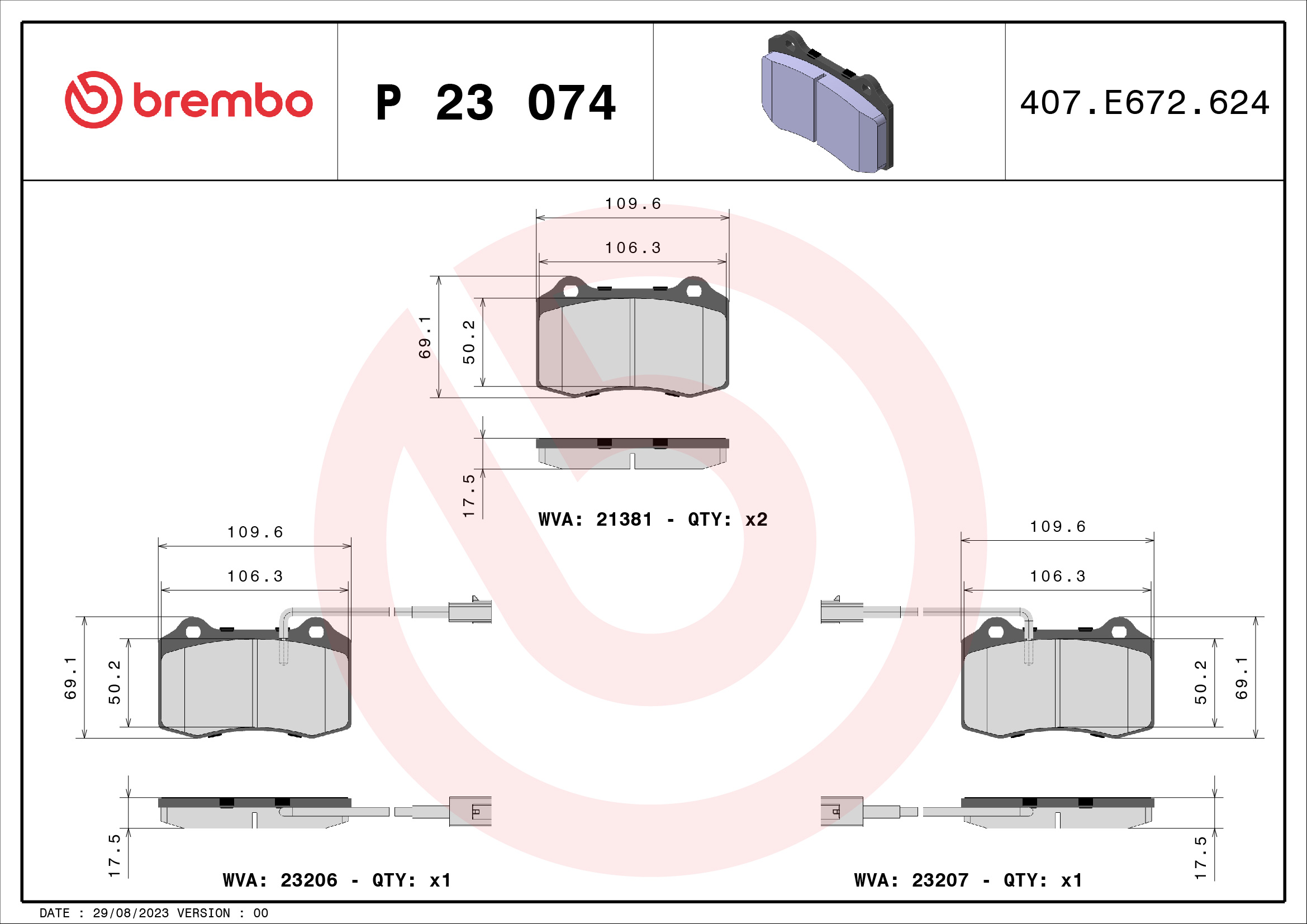 BREMBO P23074 Fékbetét készlet, tárcsafék