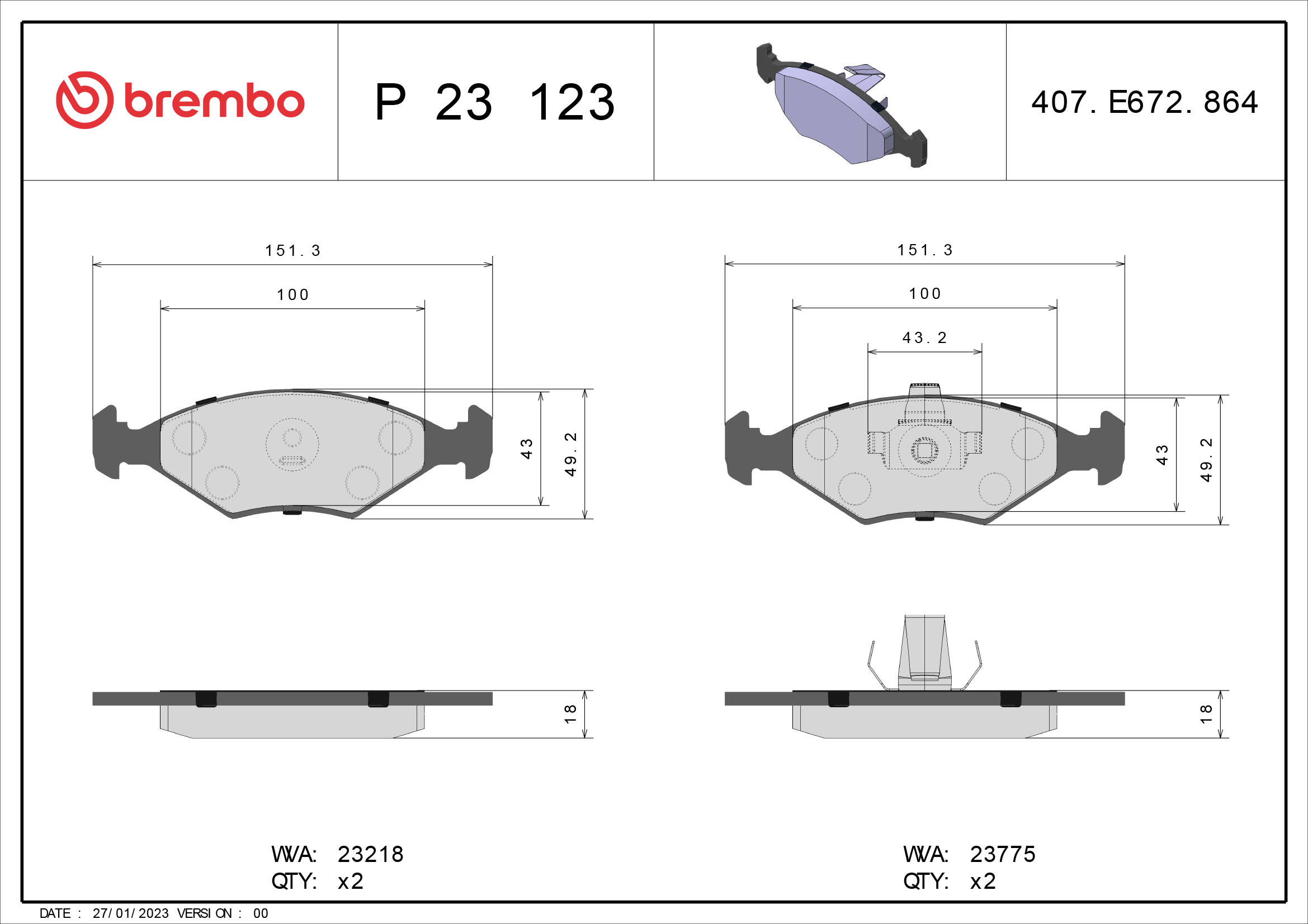 BREMBO BP23123 Fékbetét készlet, tárcsafék