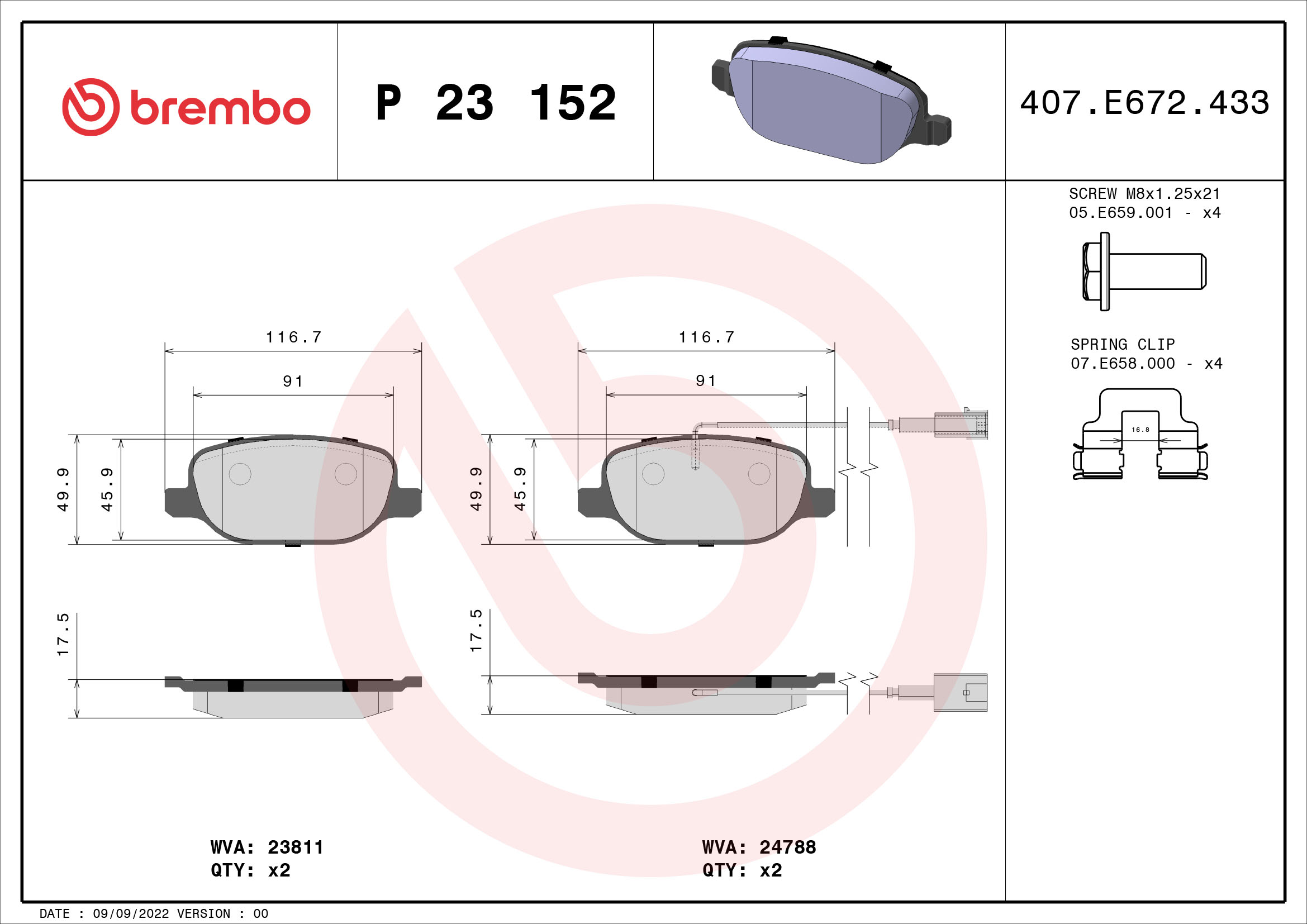 BREMBO 1001538679 P23152 - HÁTSÓ FÉKBETÉT KÉSZLET