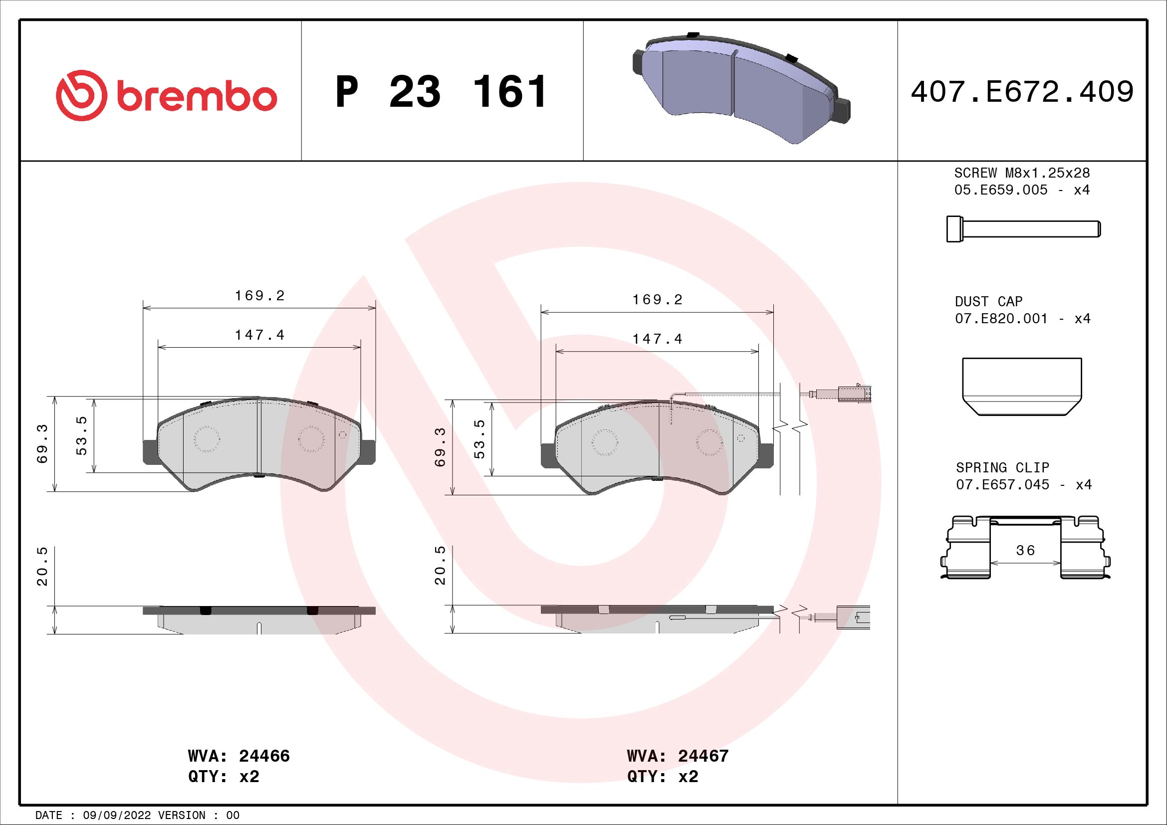 BREMBO BREP23161 fékbetét készlet, tárcsafék