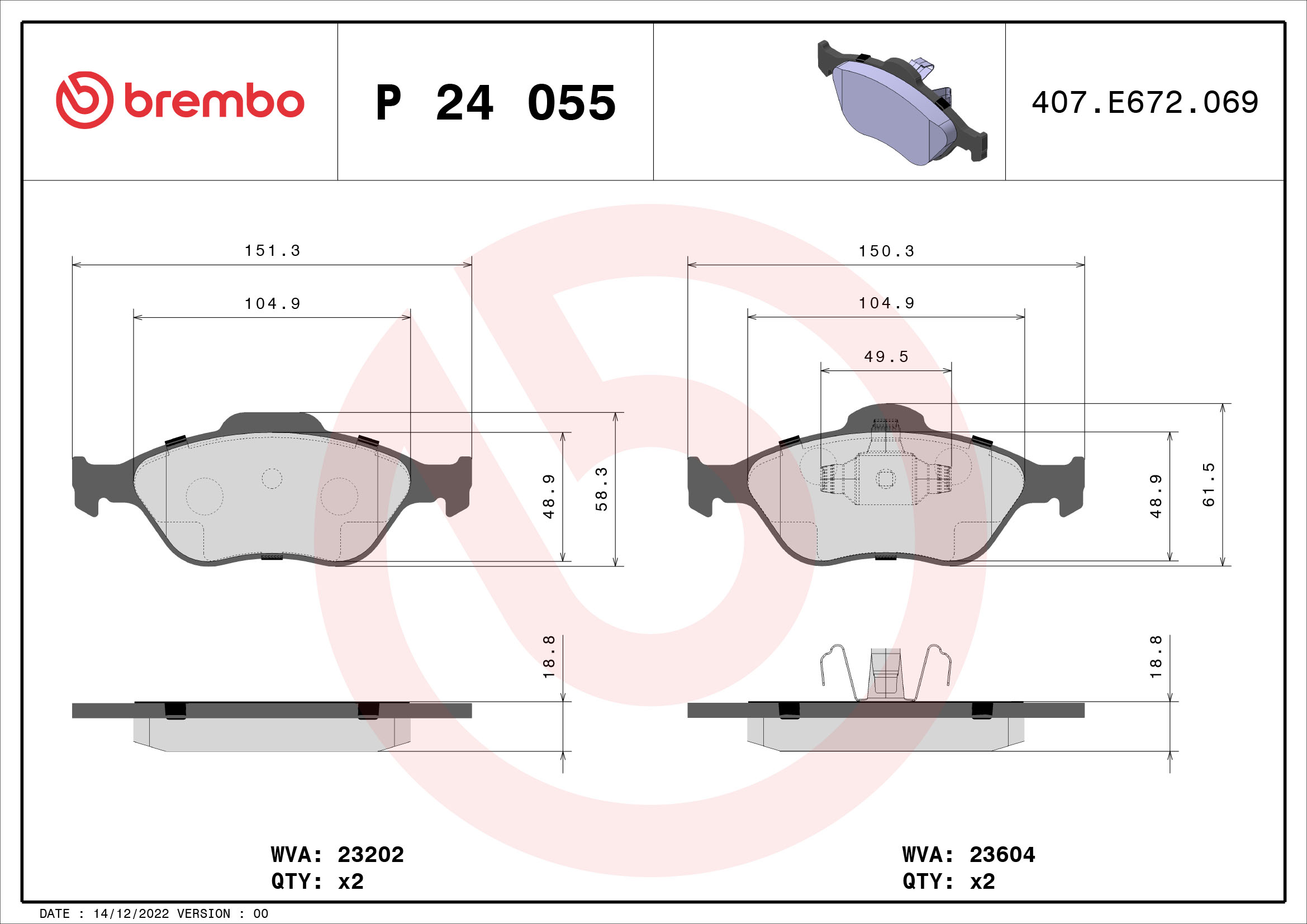 BREMBO P24055 Fékbetét készlet, tárcsafék