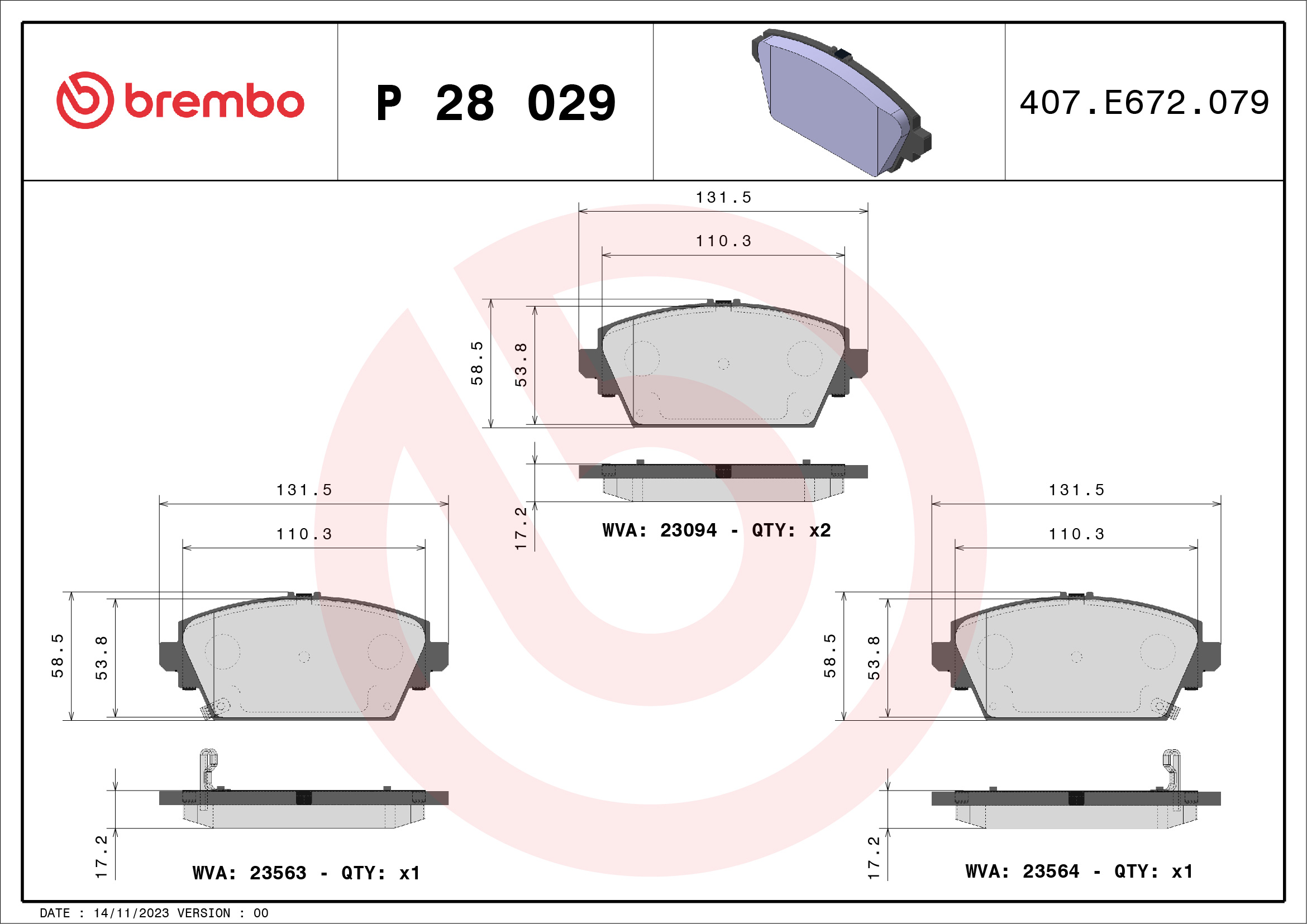 BREMBO P28029 Fékbetét készlet, tárcsafék