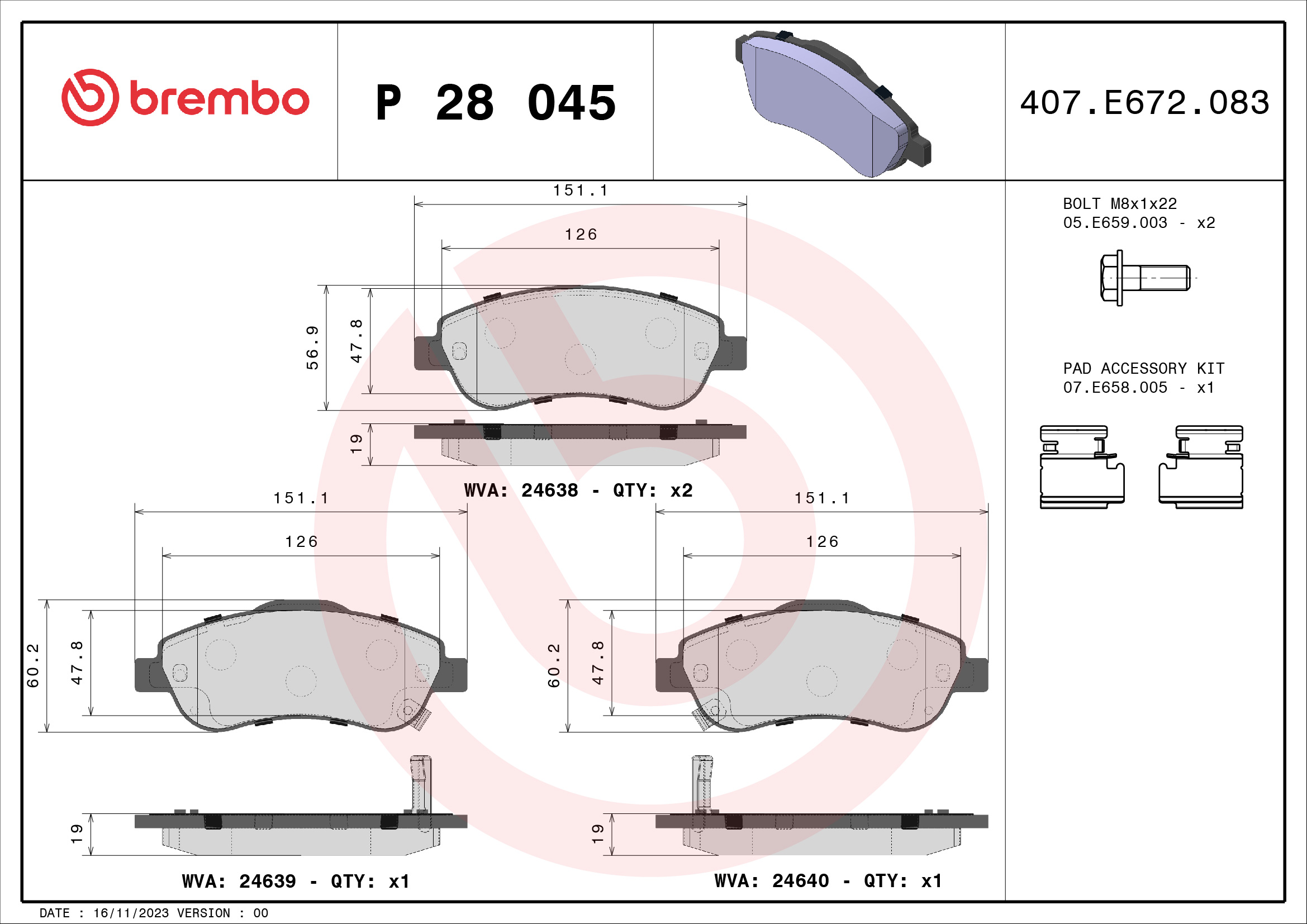 BREMBO BREP28045 fékbetét készlet, tárcsafék