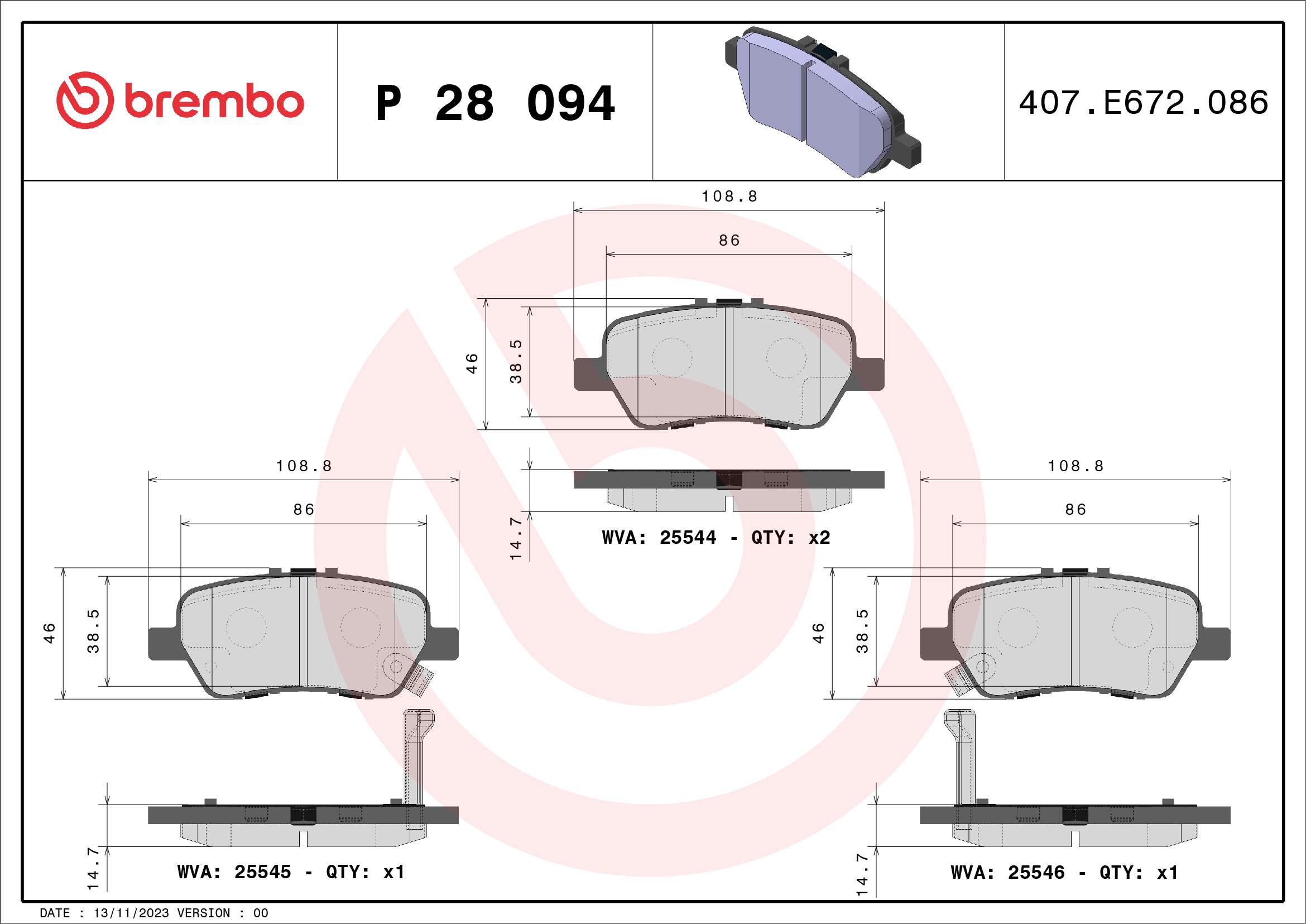 BREMBO BREP28094 fékbetét készlet, tárcsafék