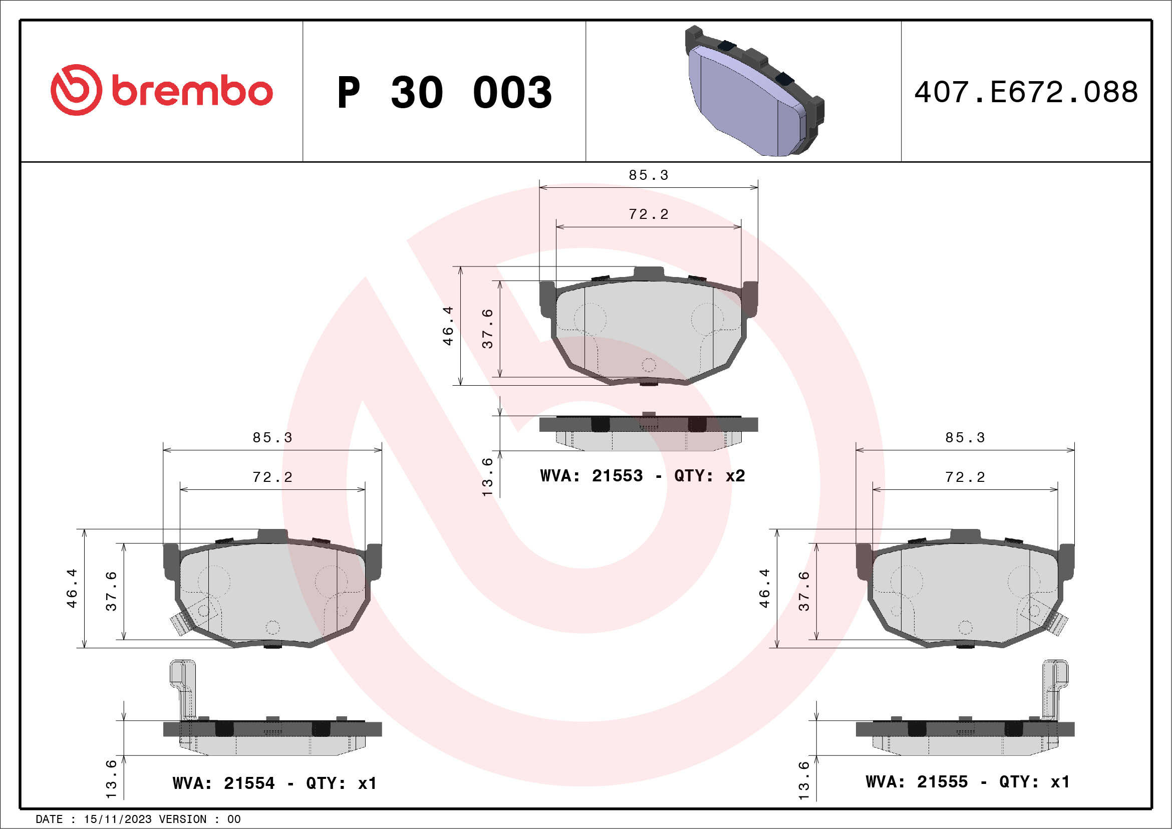 BREMBO P30003 Fékbetét készlet, tárcsafék