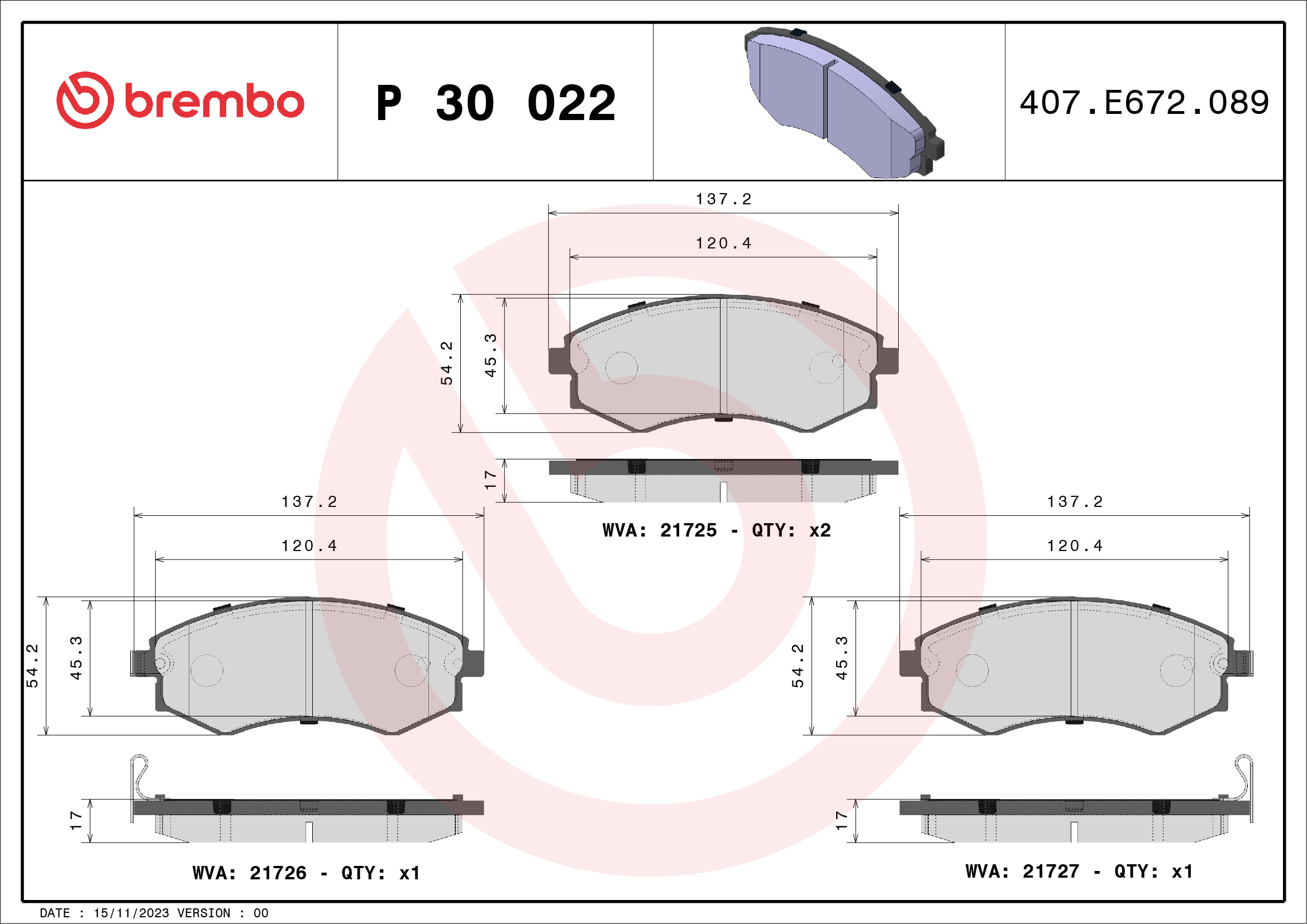 BREMBO P30022 Fékbetét készlet, tárcsafék