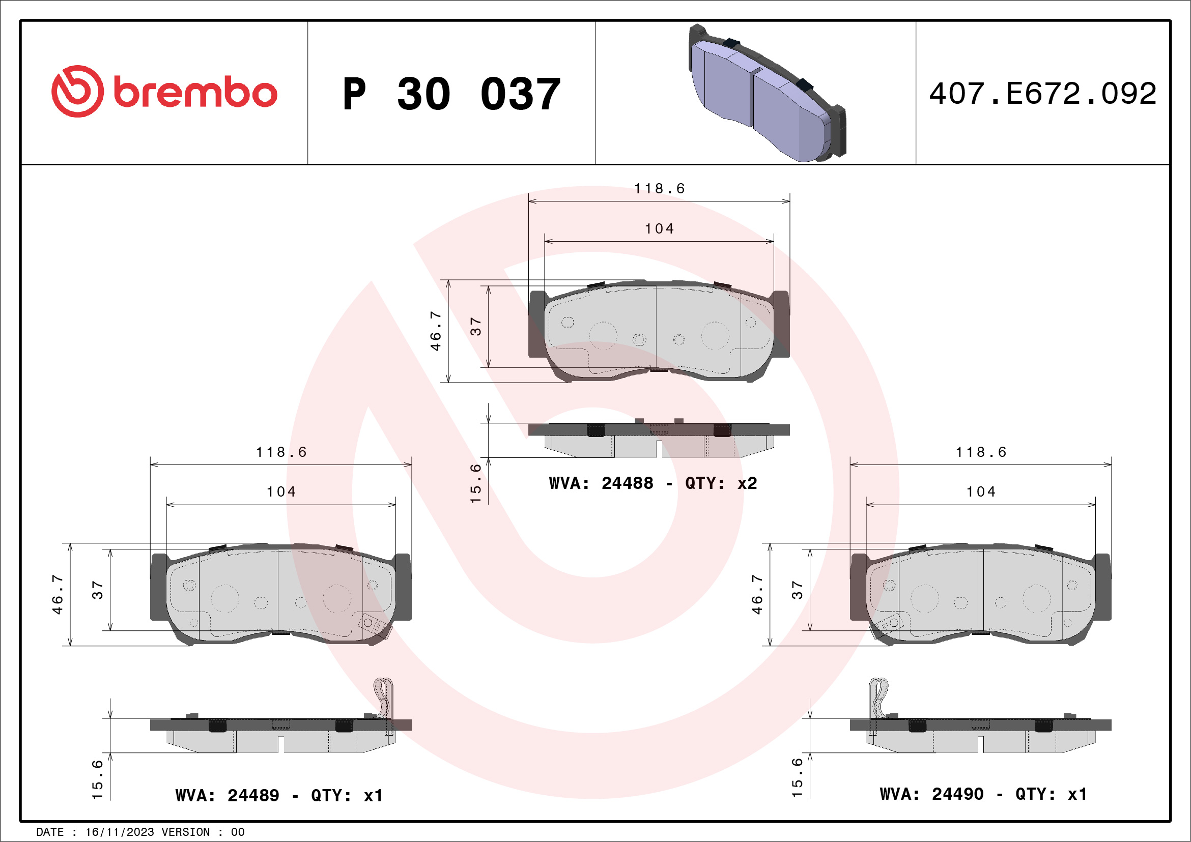 BREMBO P30037 Fékbetét készlet, tárcsafék