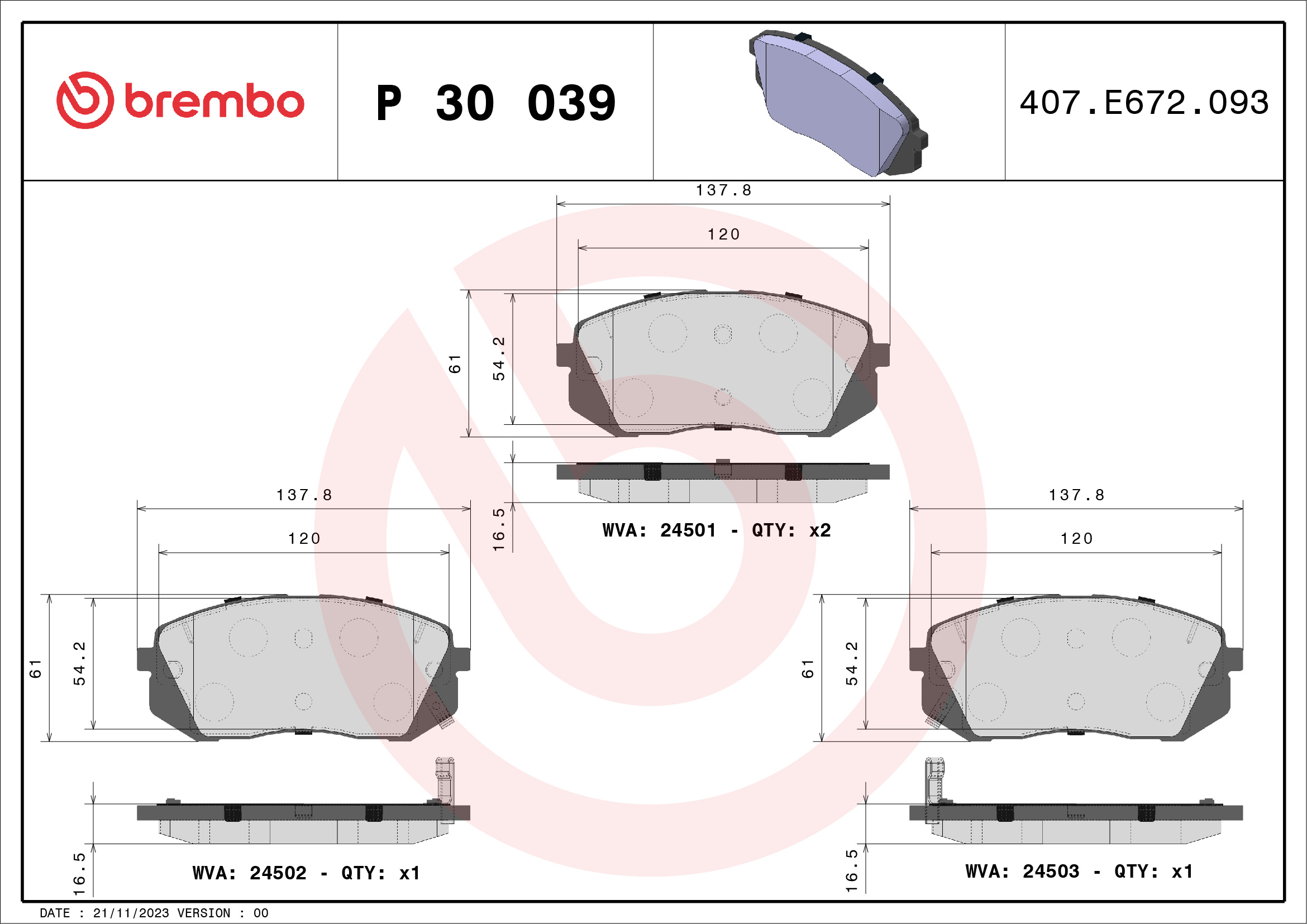 BREMBO BP30039 Fékbetét készlet, tárcsafék