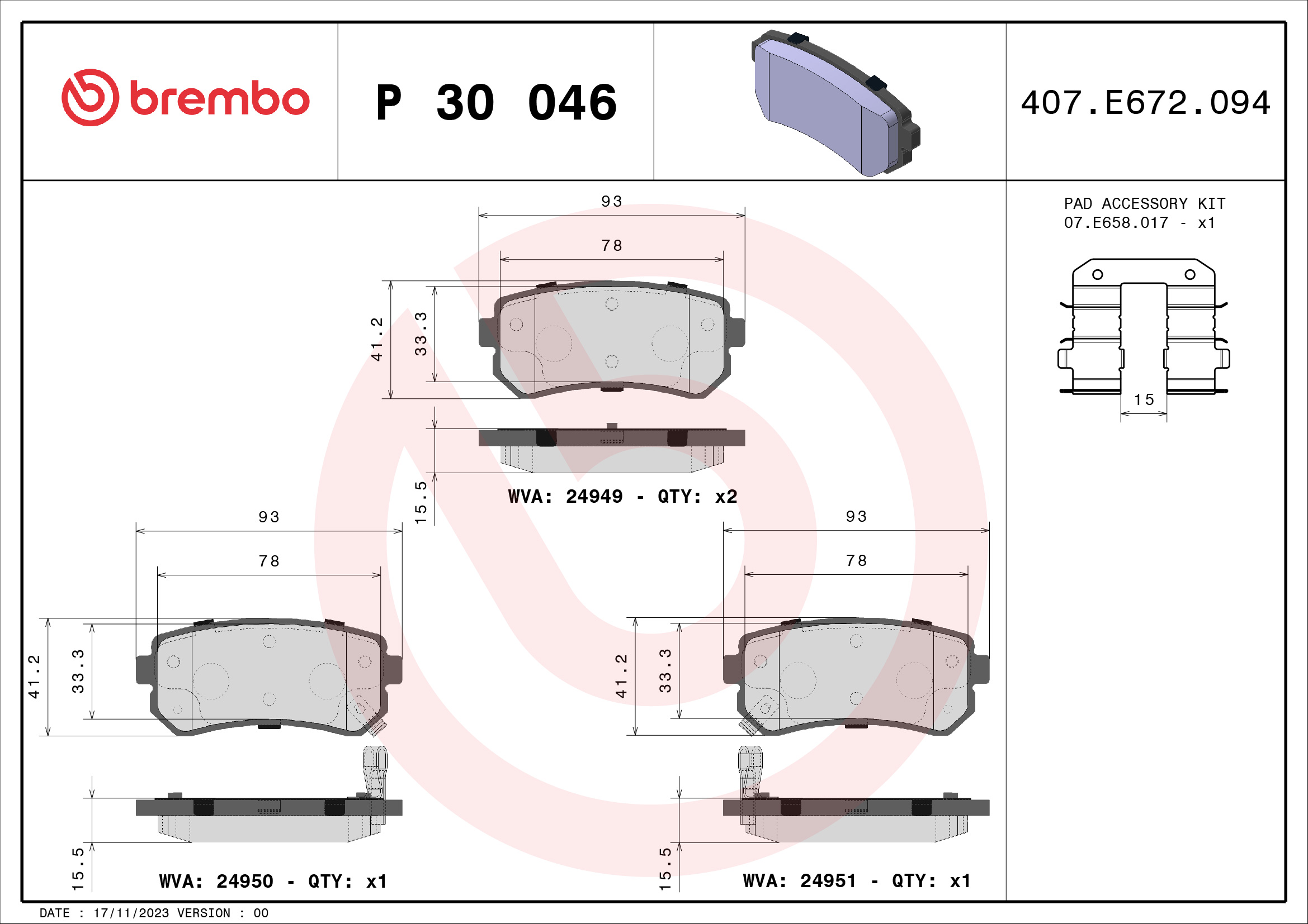 BREMBO P30046 Fékbetét készlet, tárcsafék