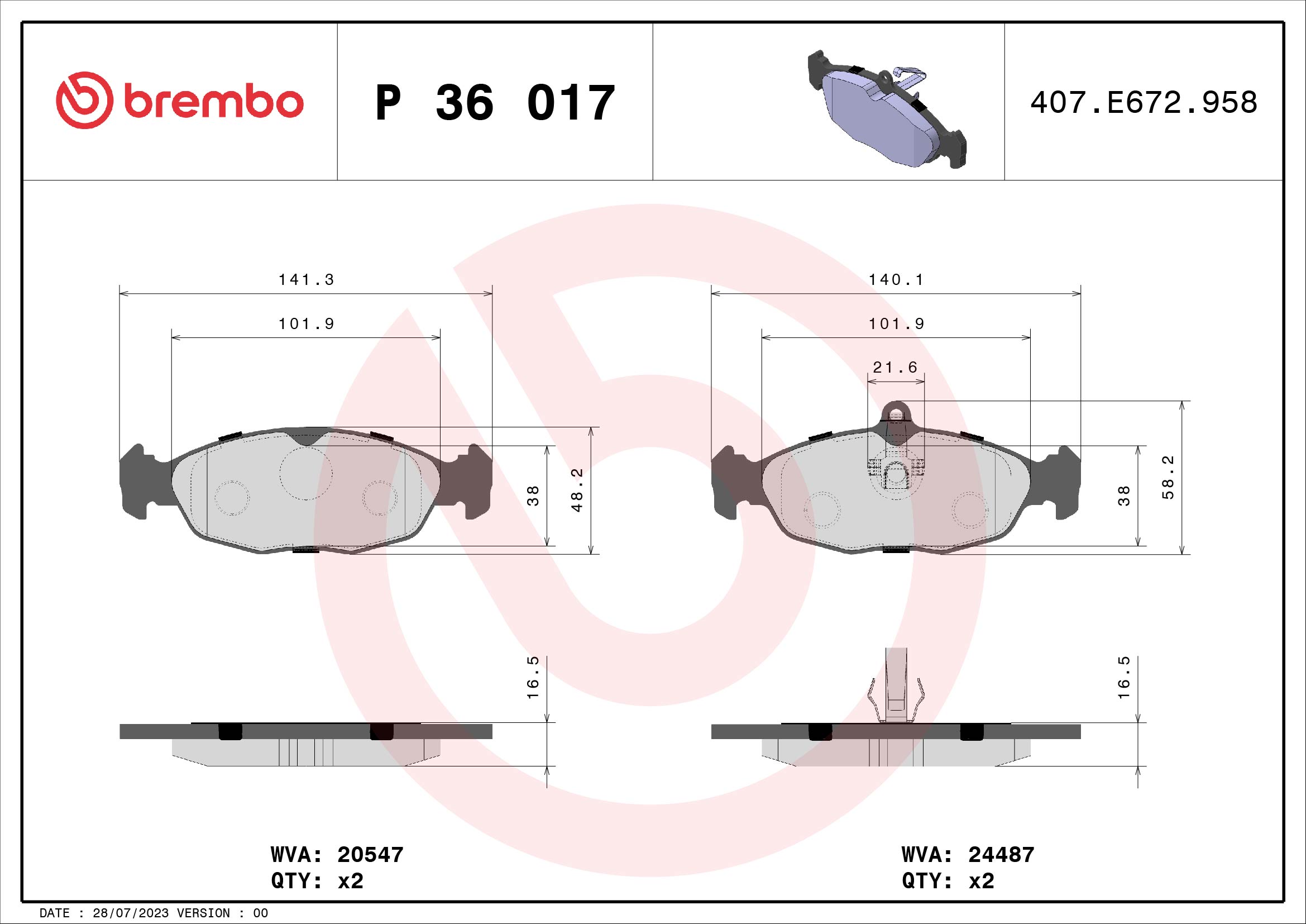 BREMBO BREP36017 fékbetét készlet, tárcsafék