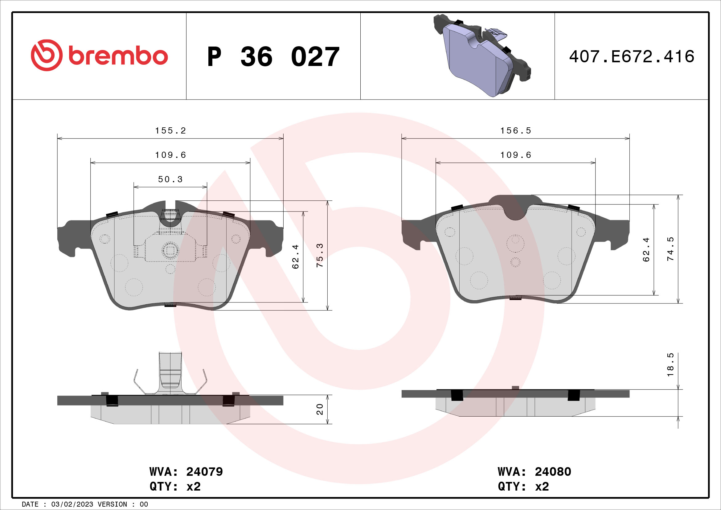 BREMBO P36027 Fékbetét készlet, tárcsafék