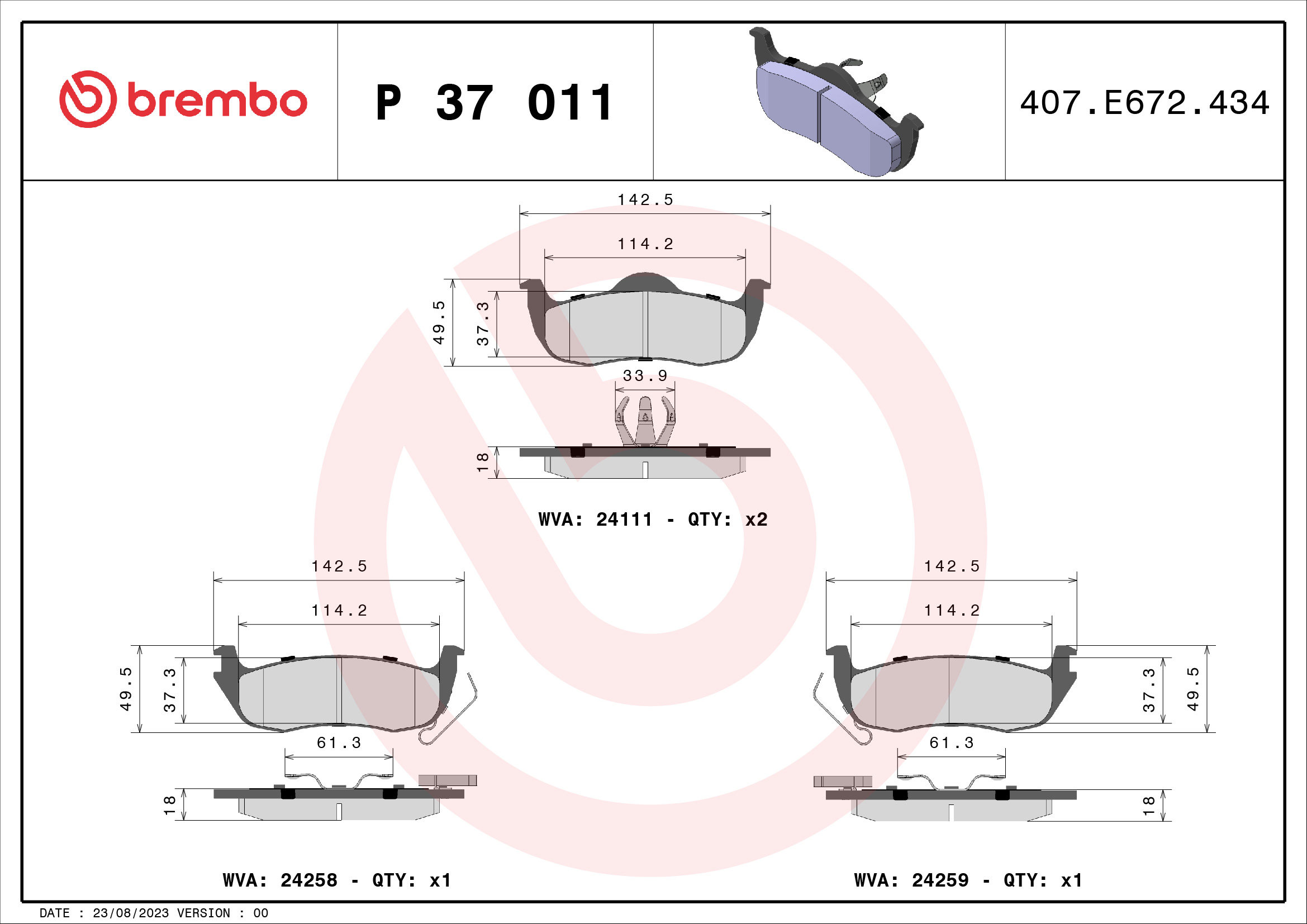 BREMBO P37011 Fékbetét készlet, tárcsafék