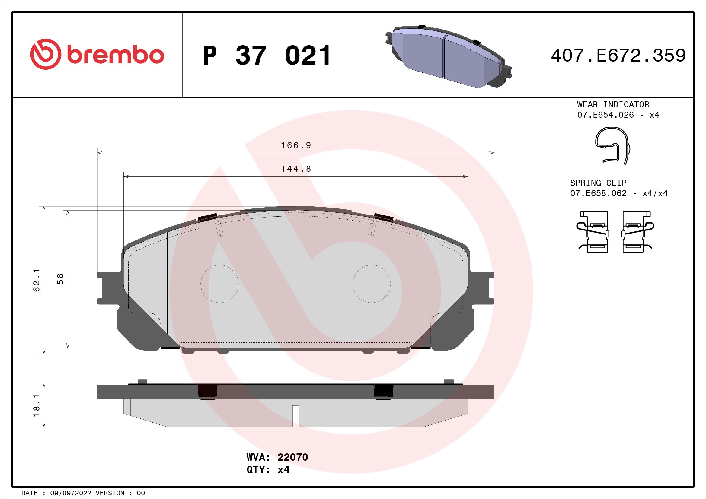 BREMBO P 37 021 Fékbetét készlet, tárcsafék