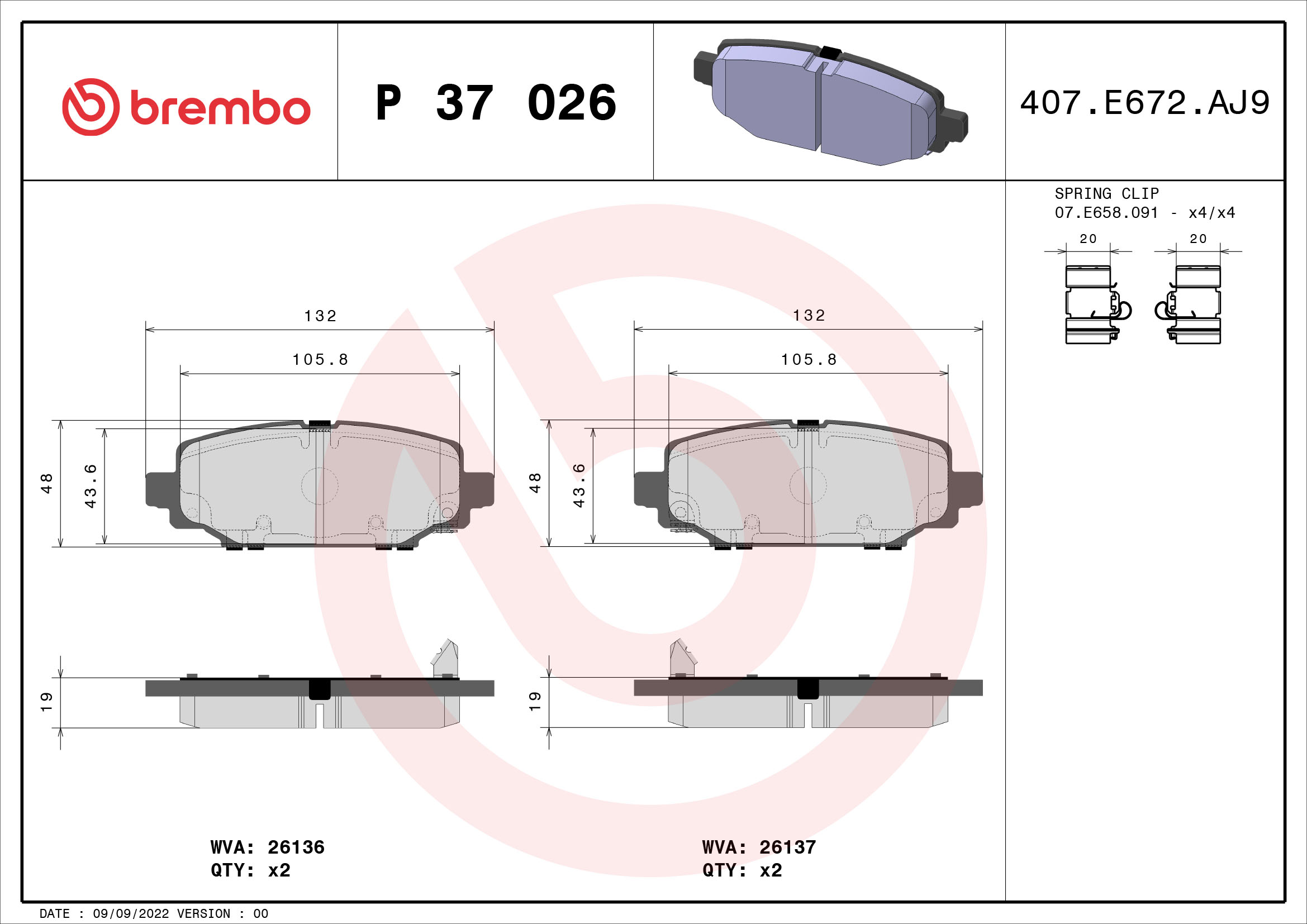 BREMBO BREP37026 fékbetét készlet, tárcsafék