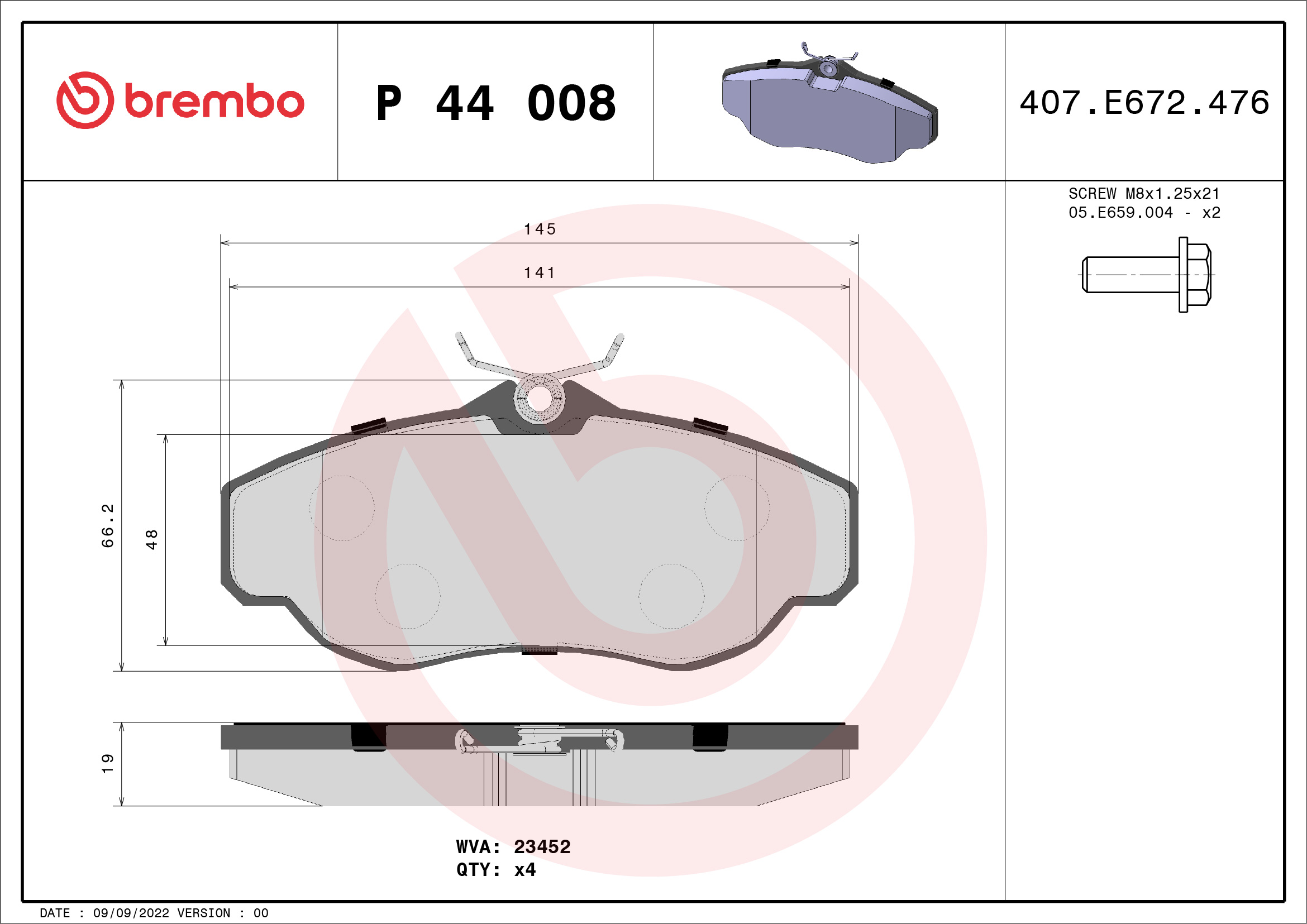 BREMBO P44008 Fékbetét készlet, tárcsafék