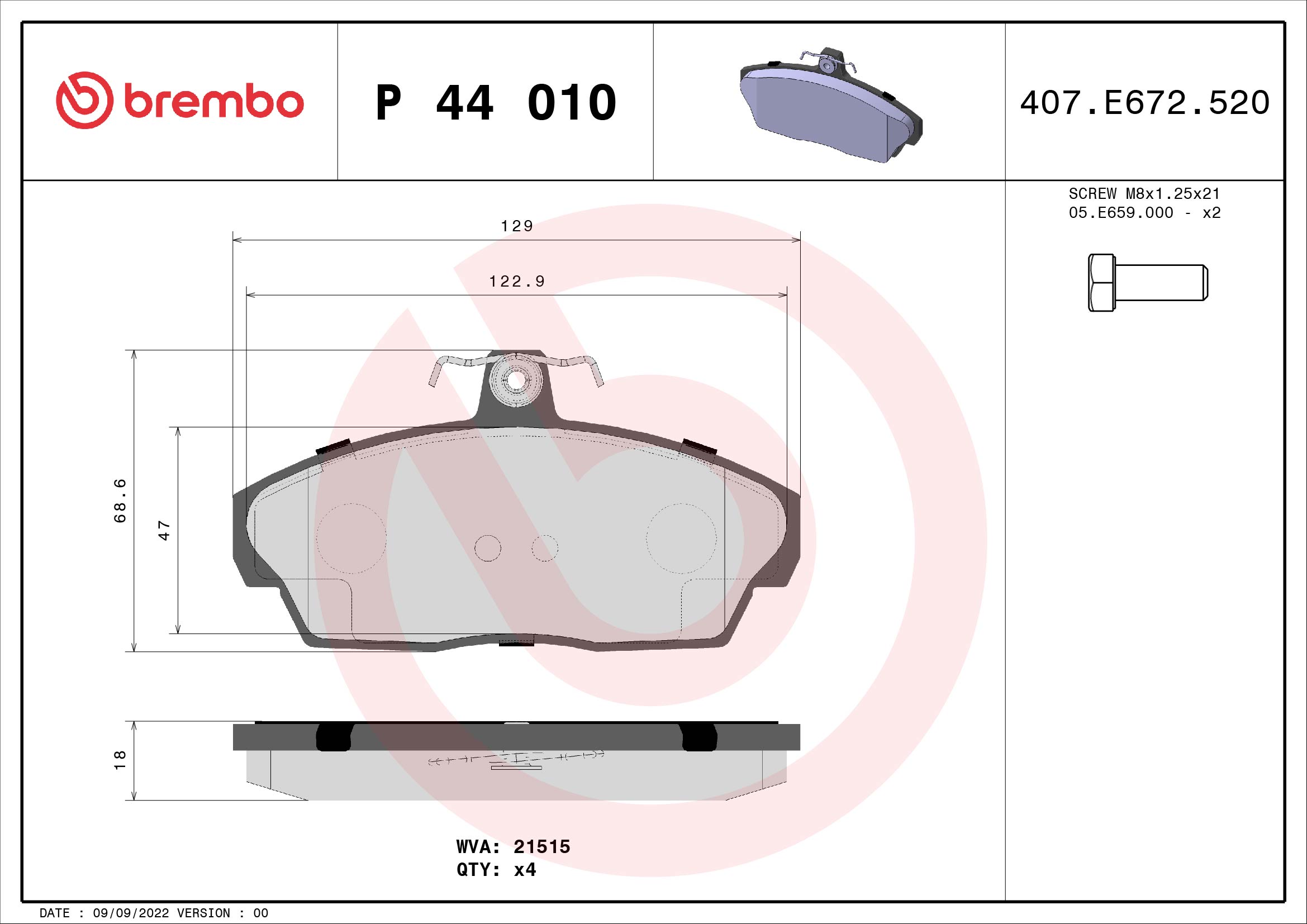 BREMBO P44010 Fékbetét készlet, tárcsafék