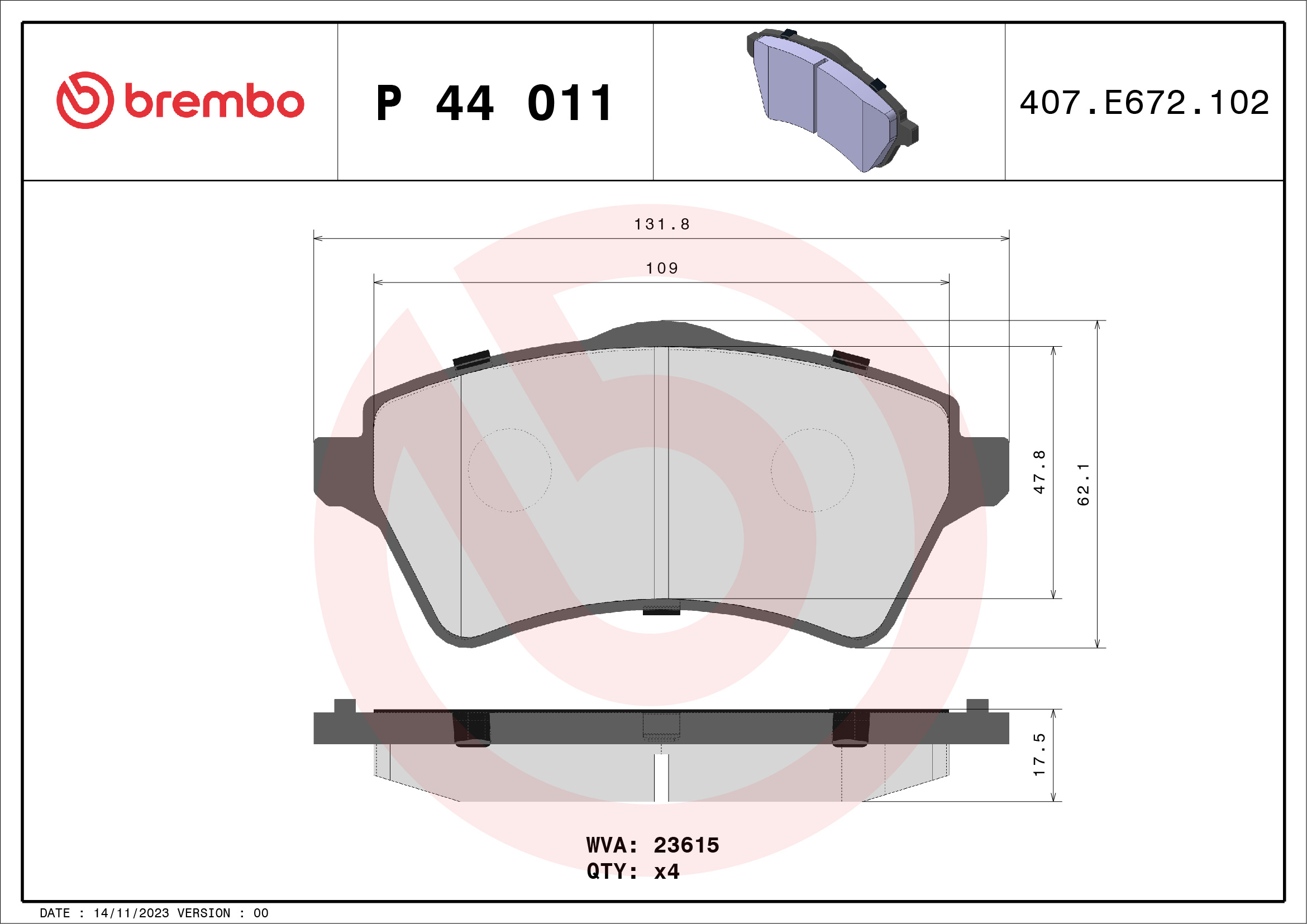 BREMBO P44011 Fékbetét készlet, tárcsafék