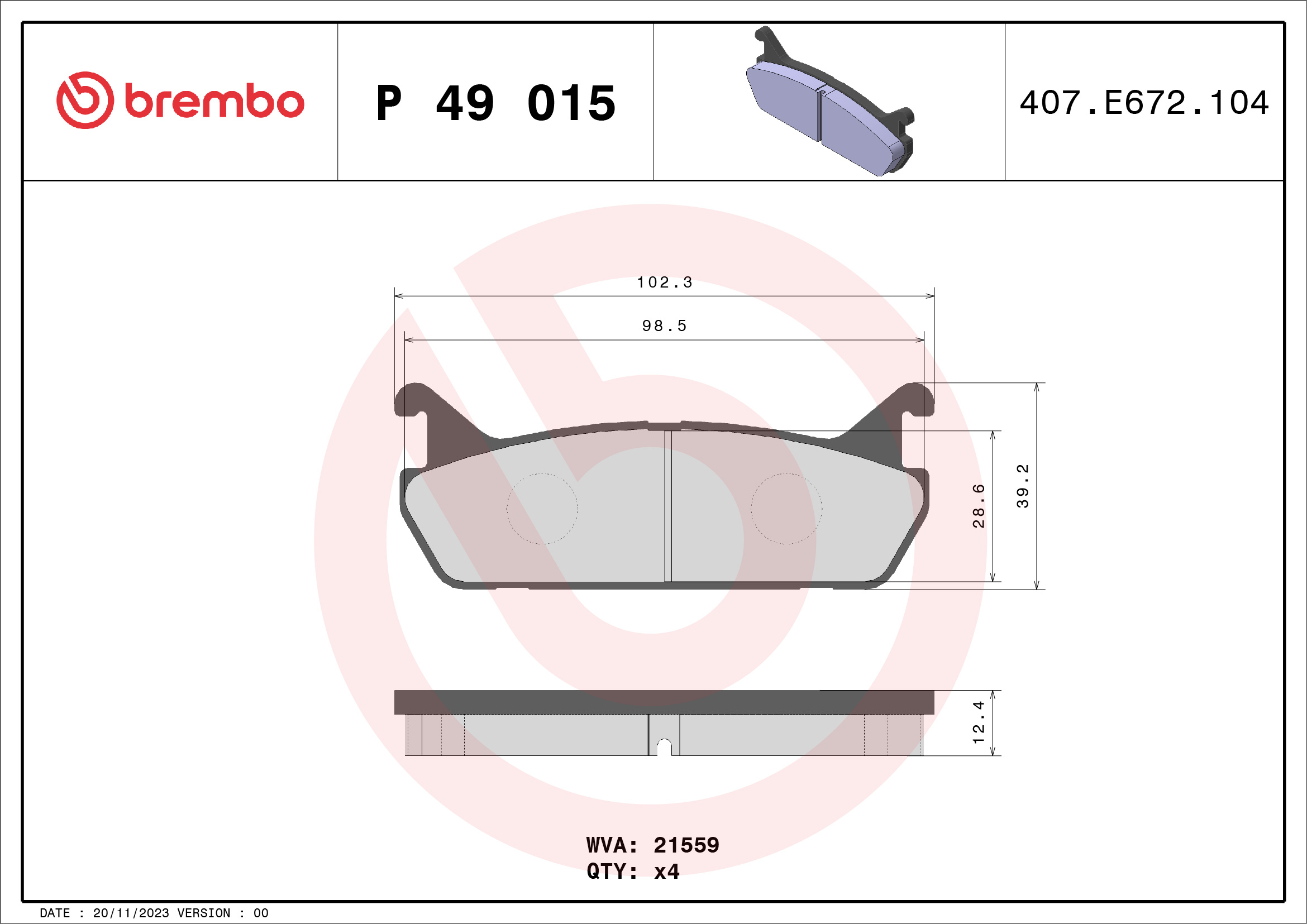 BREMBO 1001062742 P49015 - HÁTSÓ FÉKBETÉT KÉSZLET