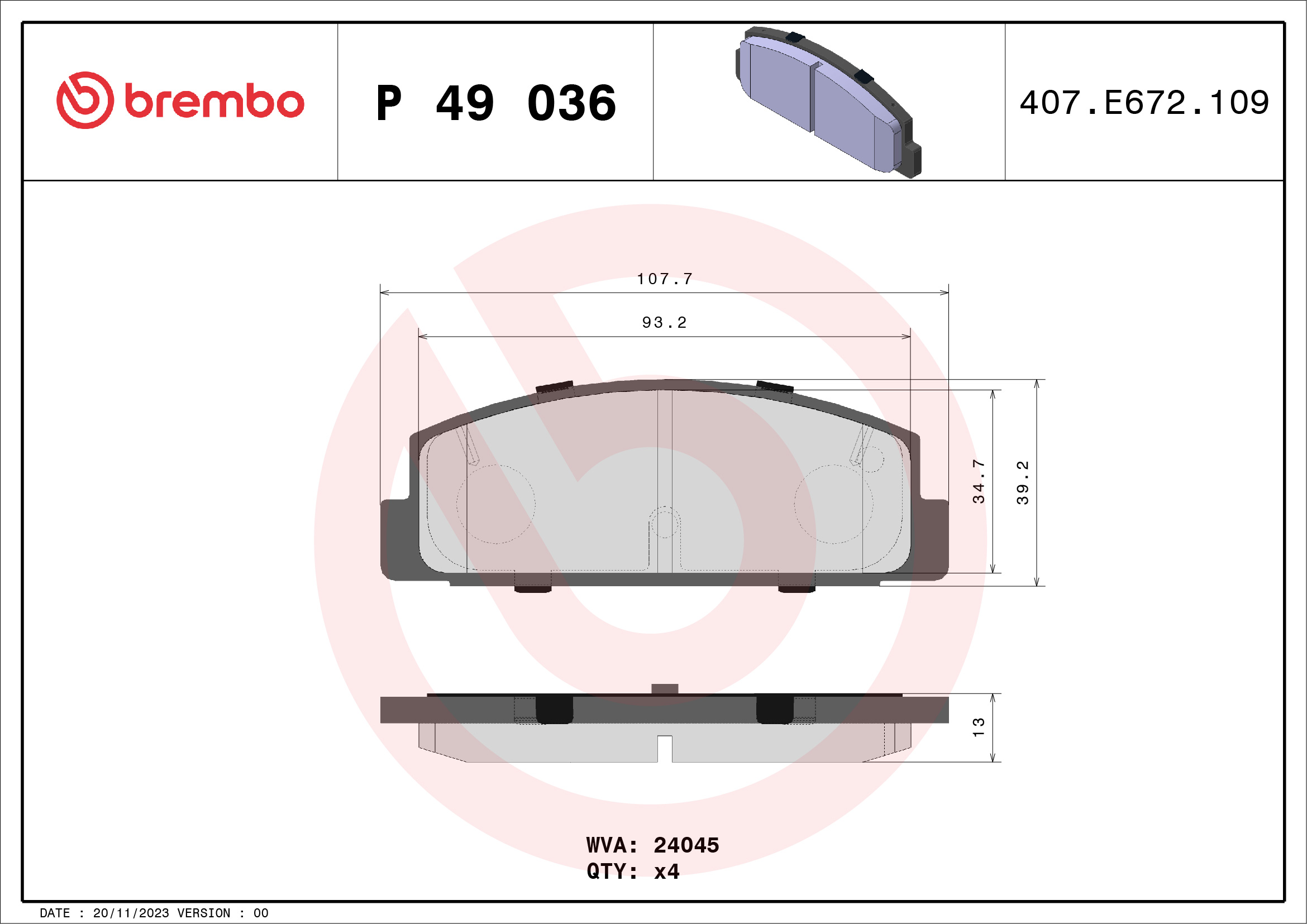 BREMBO P49036 Fékbetét készlet, tárcsafék
