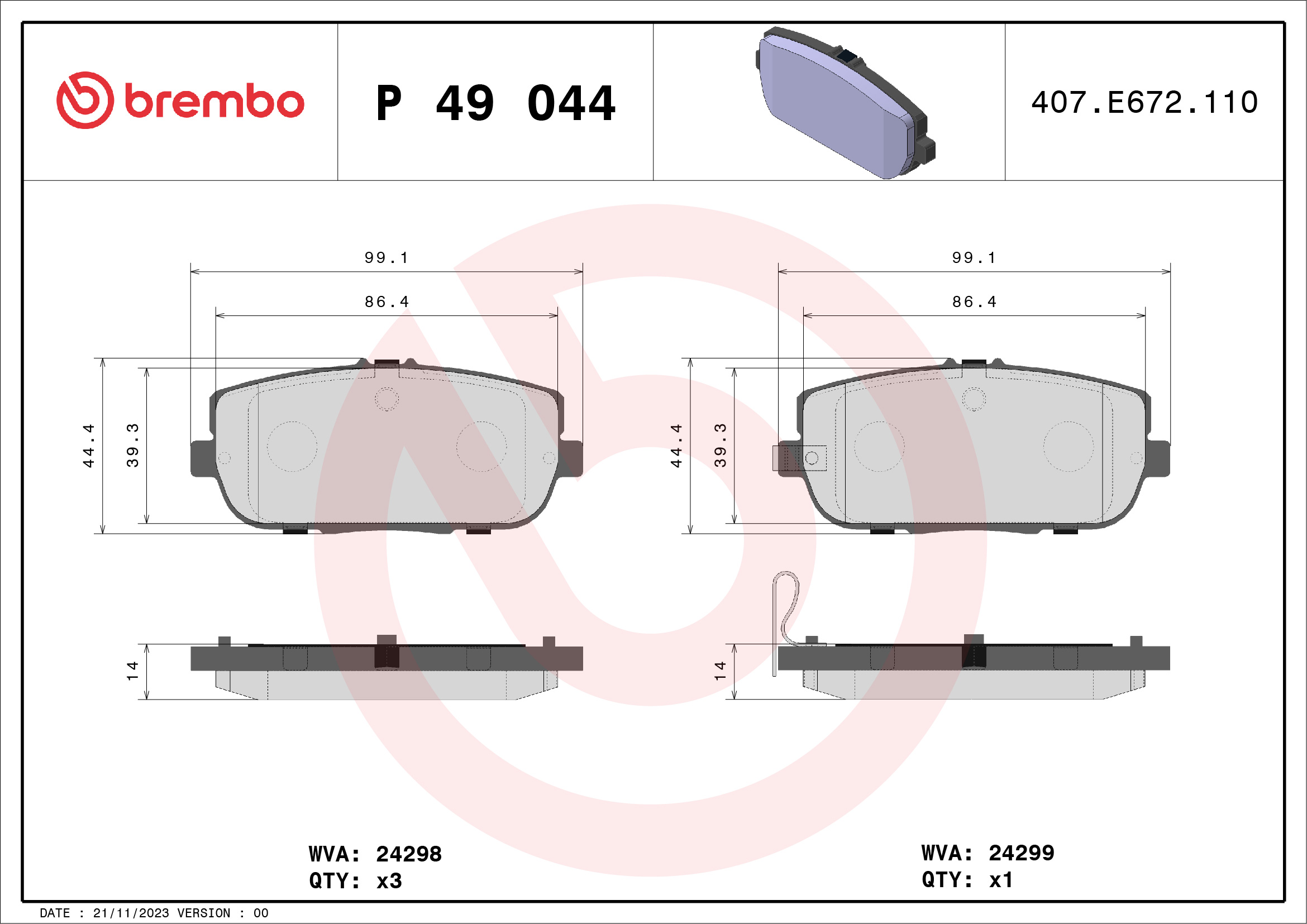 BREMBO BP49044 Fékbetét készlet, tárcsafék