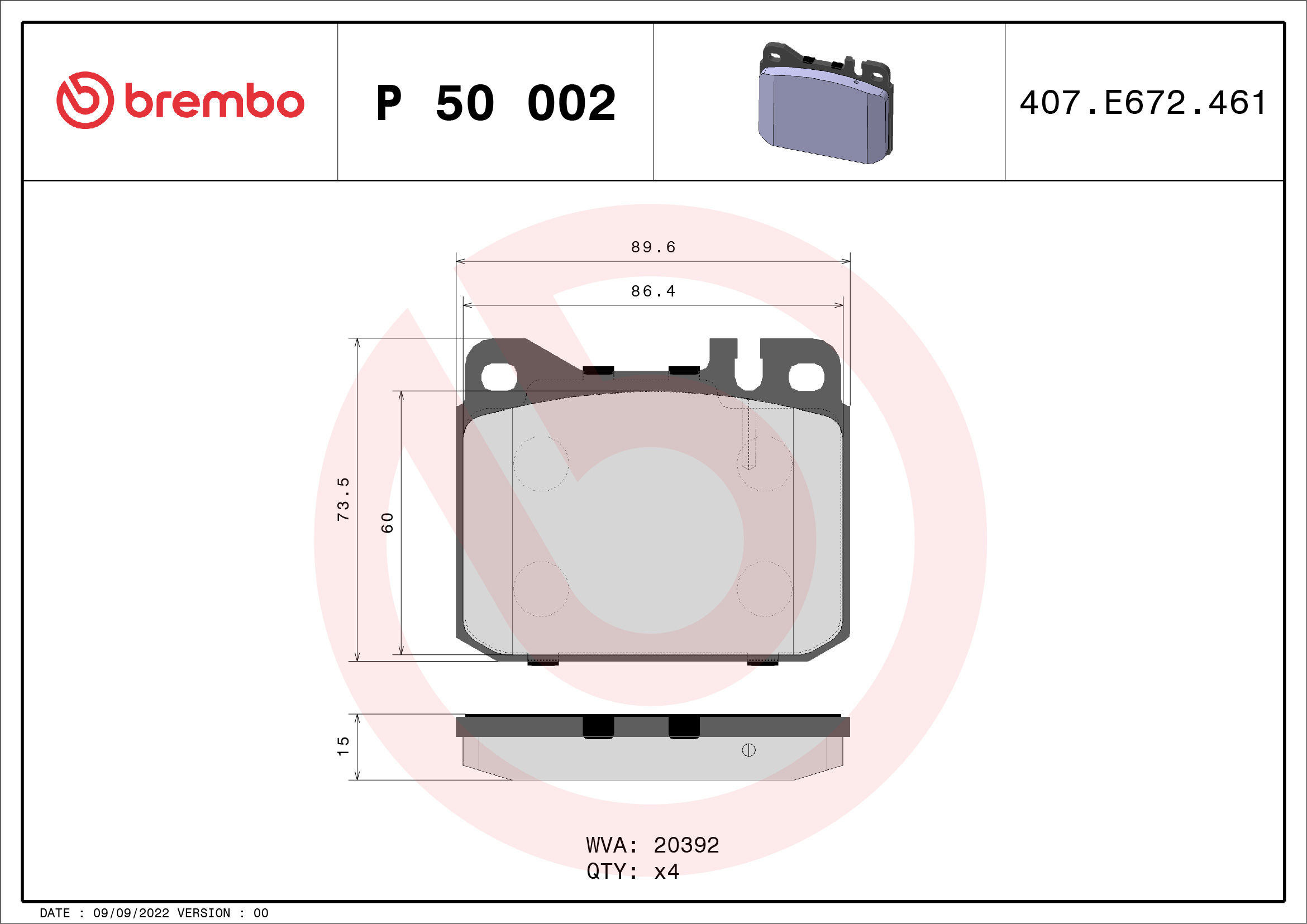 BREMBO BP50002 Fékbetét készlet, tárcsafék