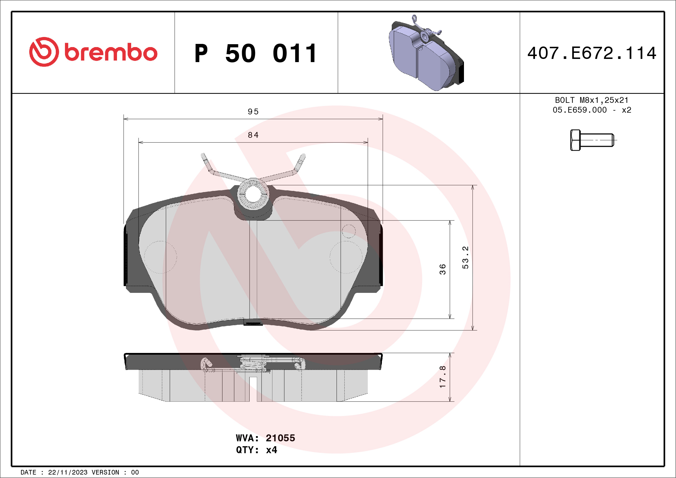 BREMBO BP50011 Fékbetét készlet, tárcsafék