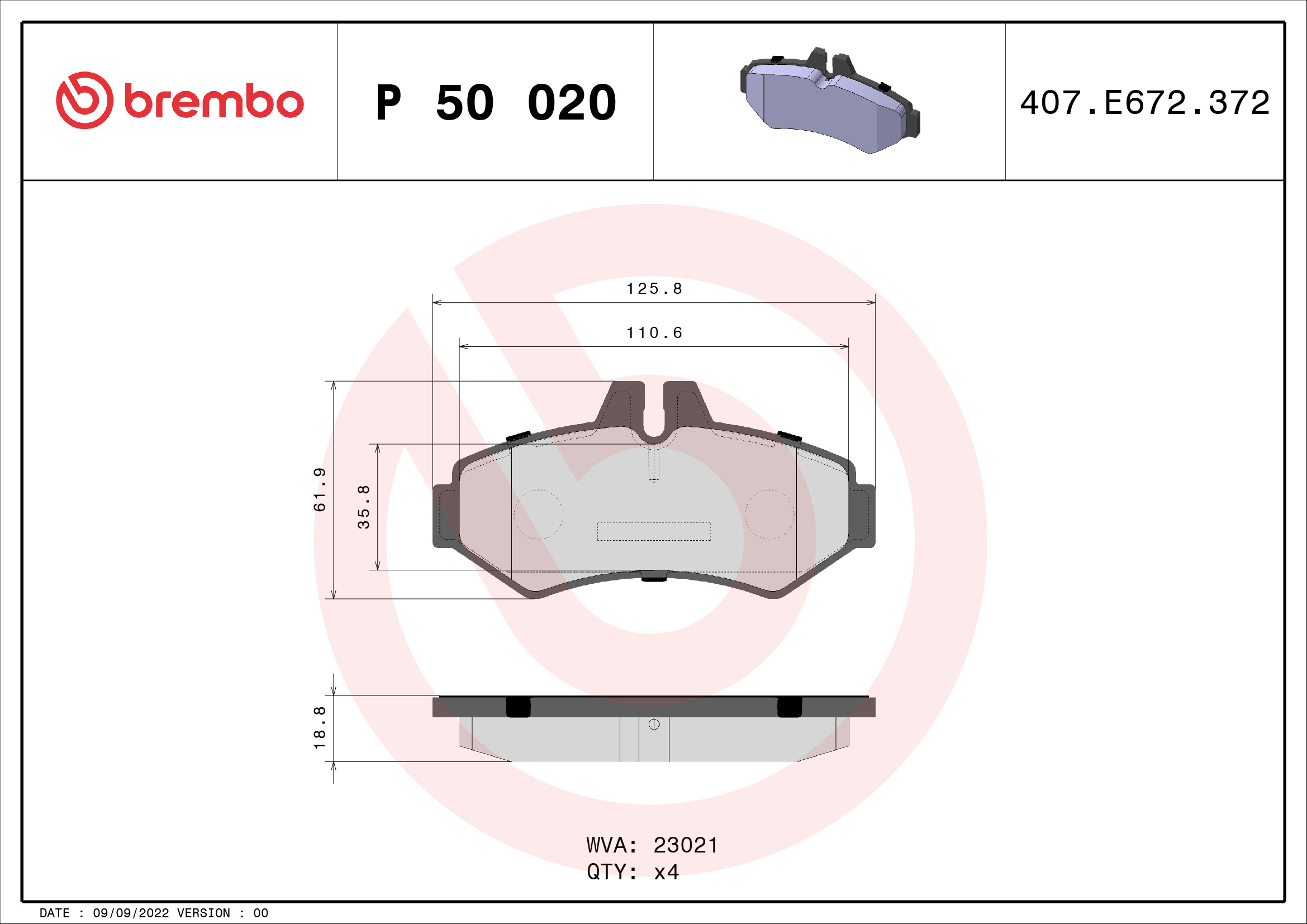BREMBO BP50020 Fékbetét készlet, tárcsafék