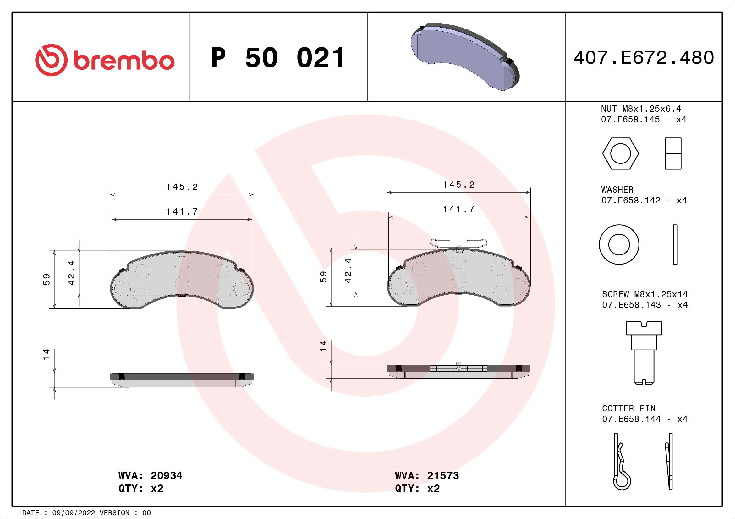 BREMBO BP50021 Fékbetét készlet, tárcsafék