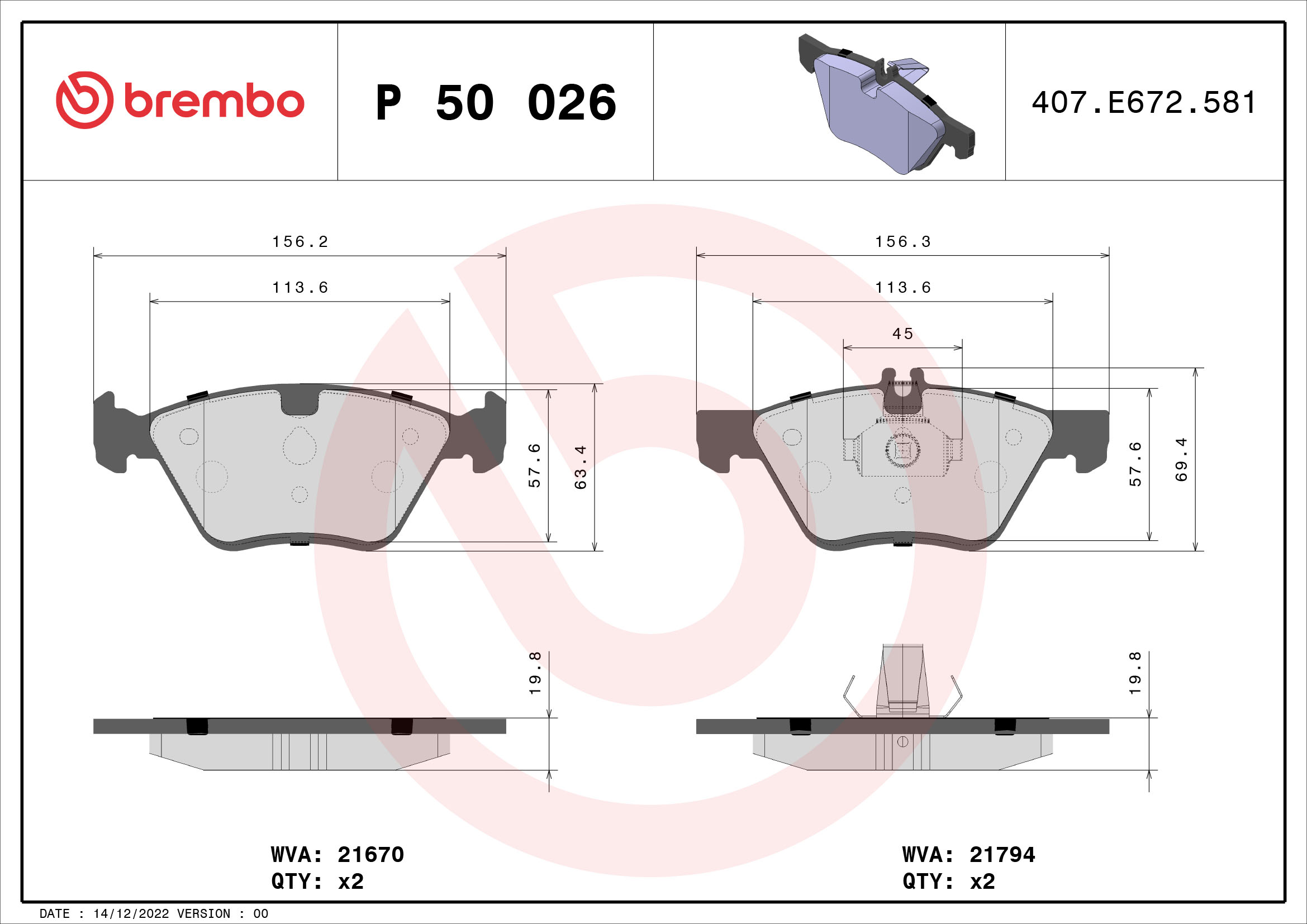 BREMBO P50026 Fékbetét készlet, tárcsafék