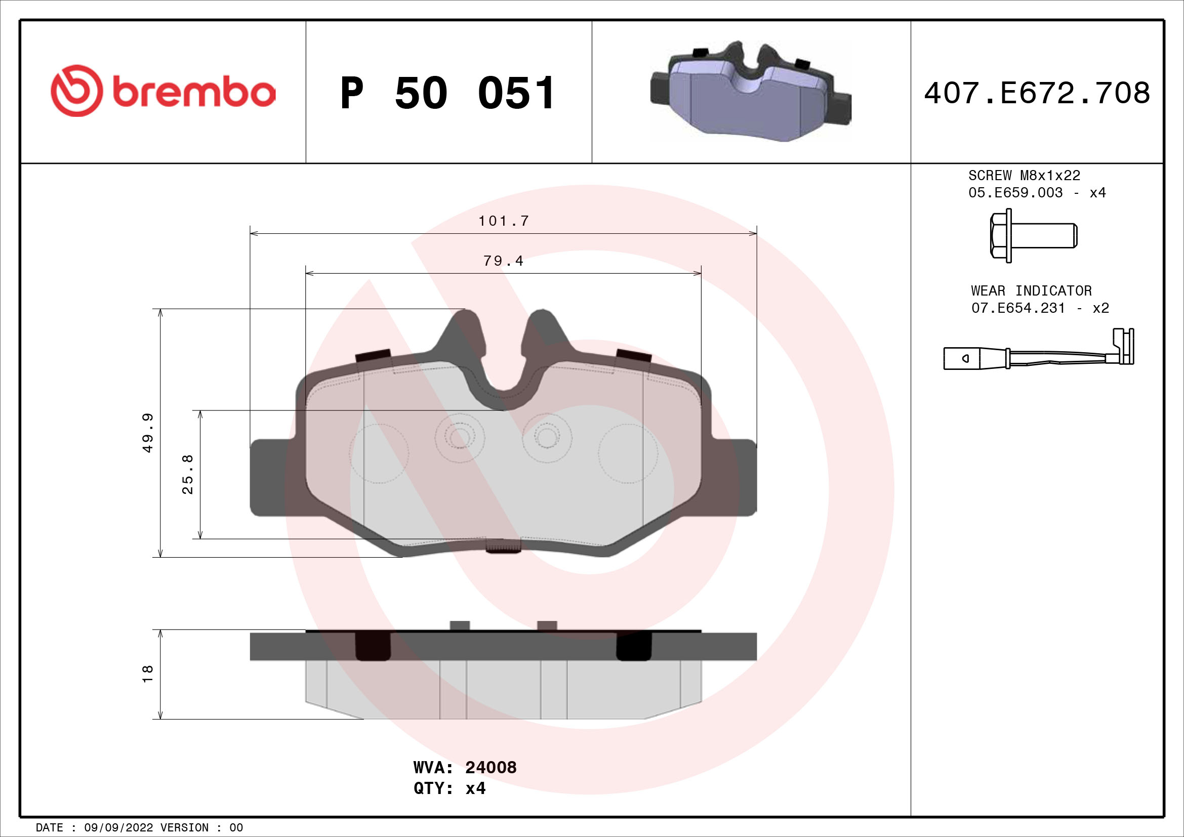 BREMBO 1001062812 P50051 - HÁTSÓ FÉKBETÉT KÉSZLET