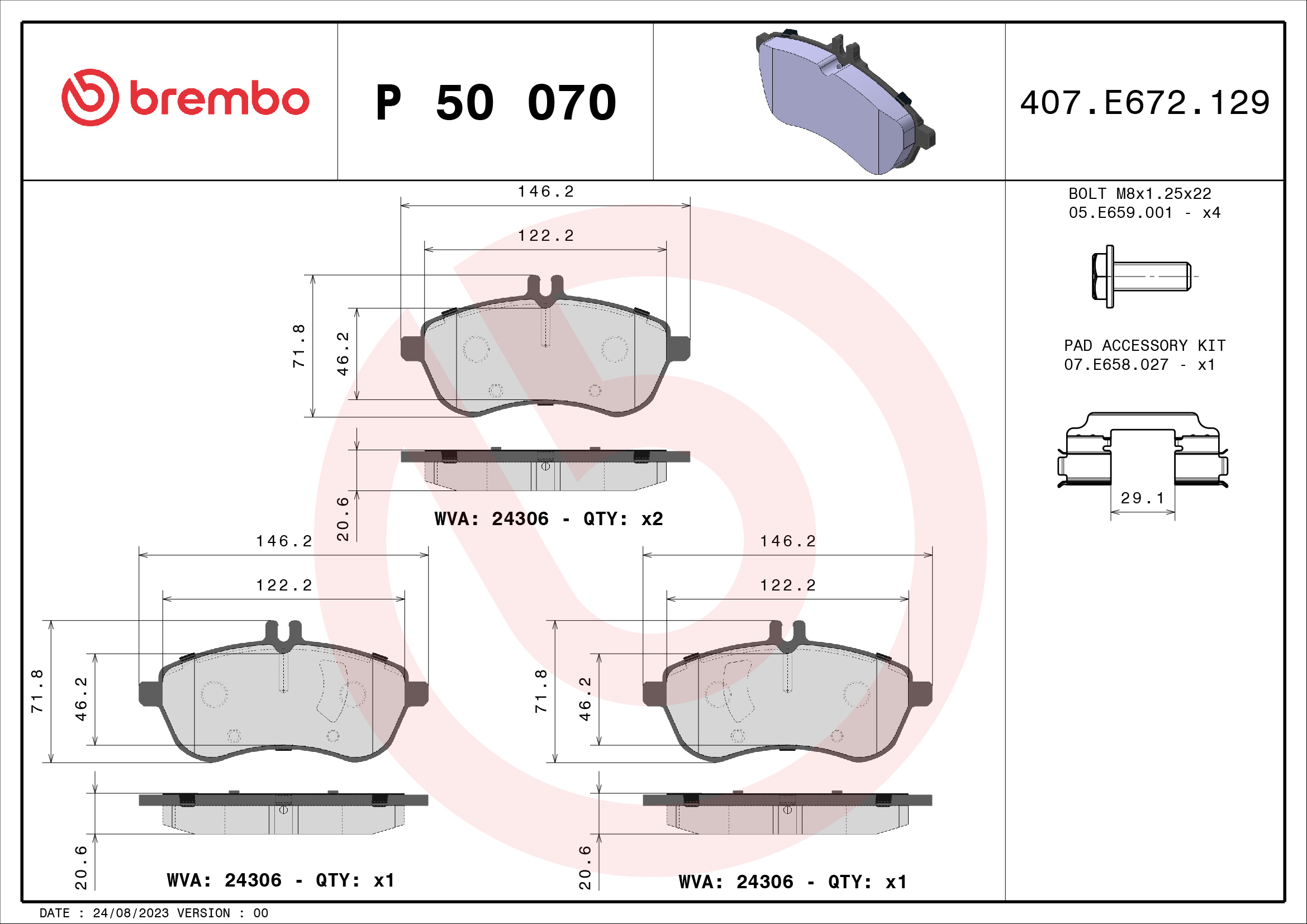 BREMBO P50070 Fékbetét készlet, tárcsafék