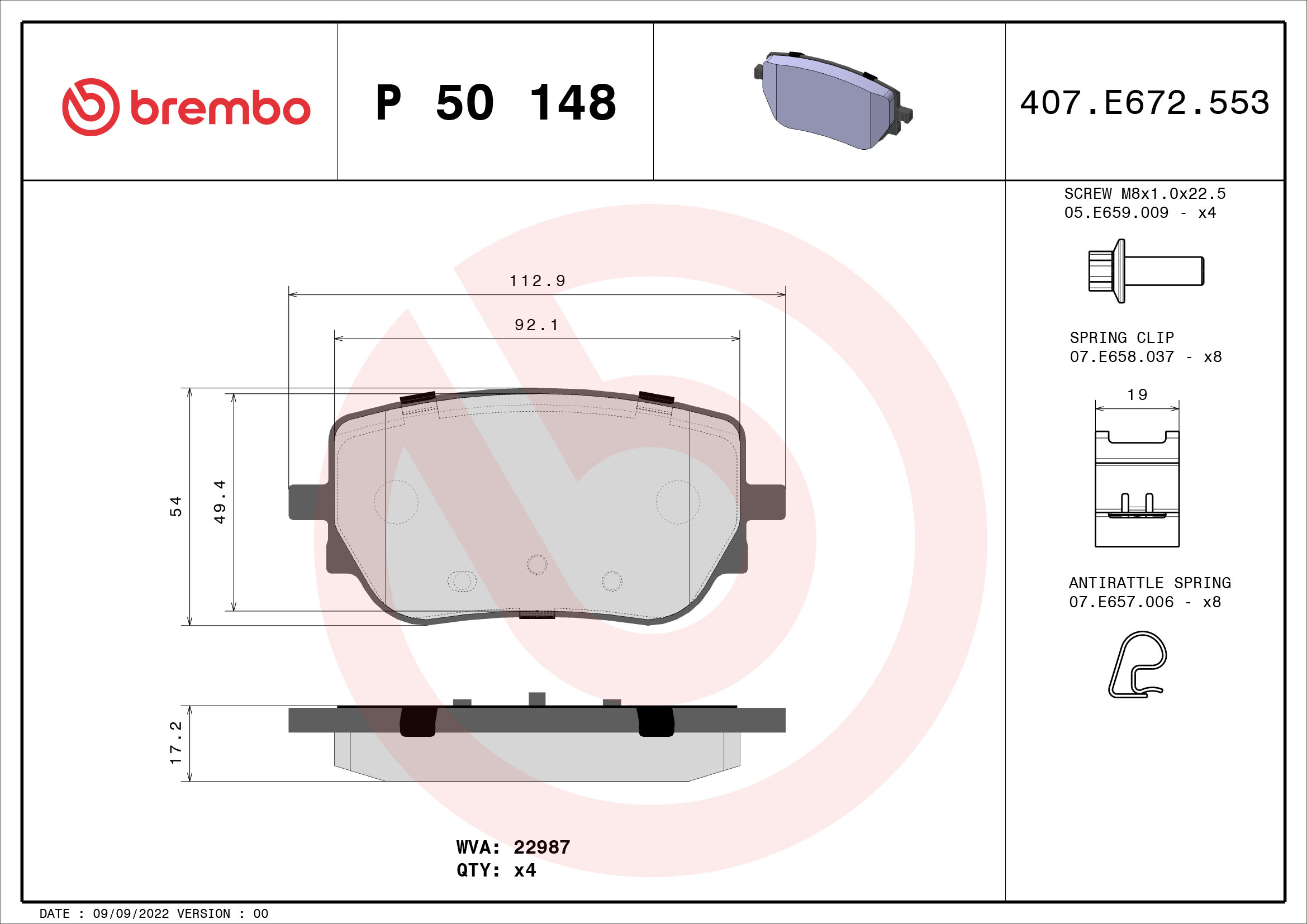 BREMBO BREP50148 fékbetét készlet, tárcsafék