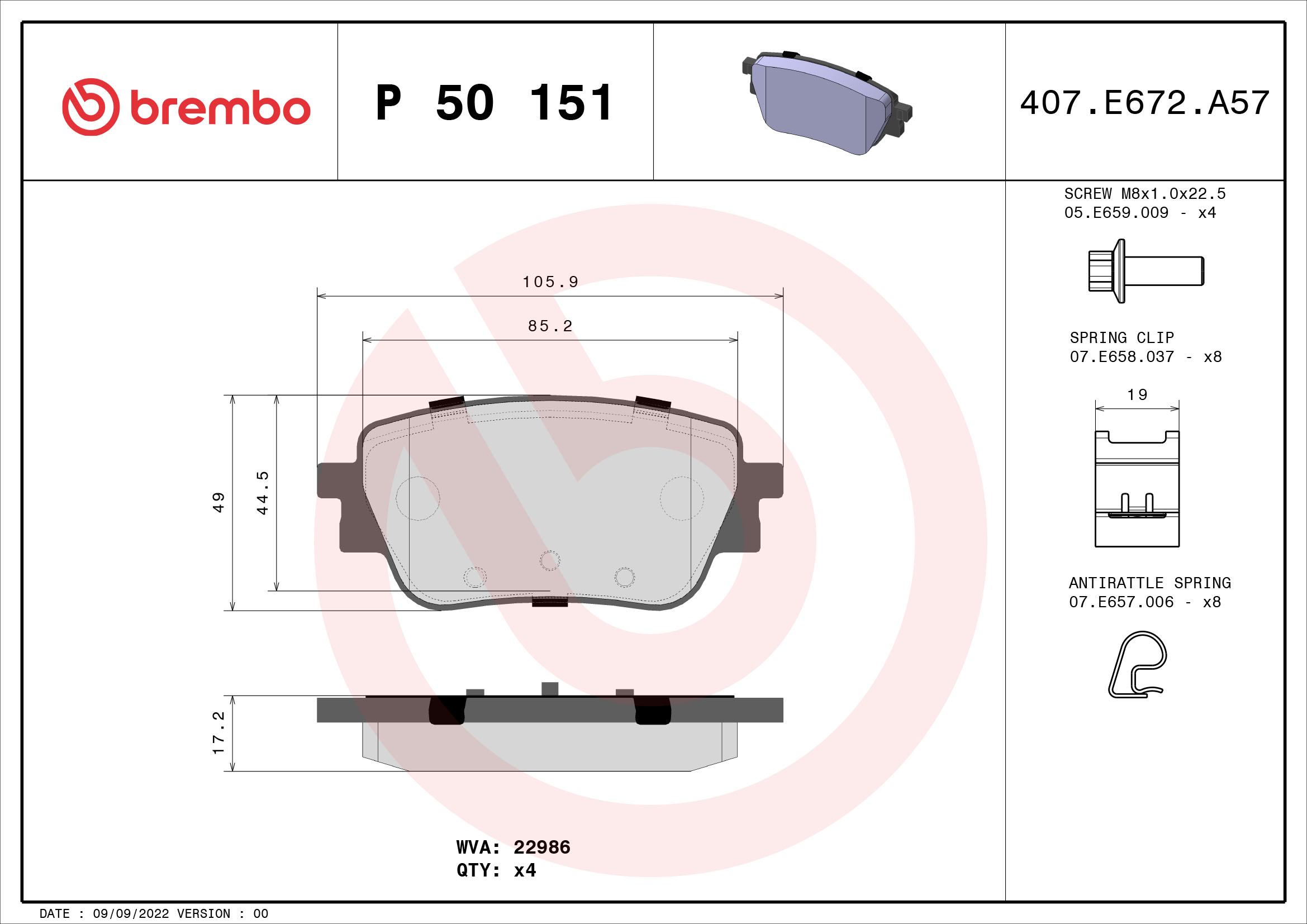 BREMBO BREP50151 fékbetét készlet, tárcsafék