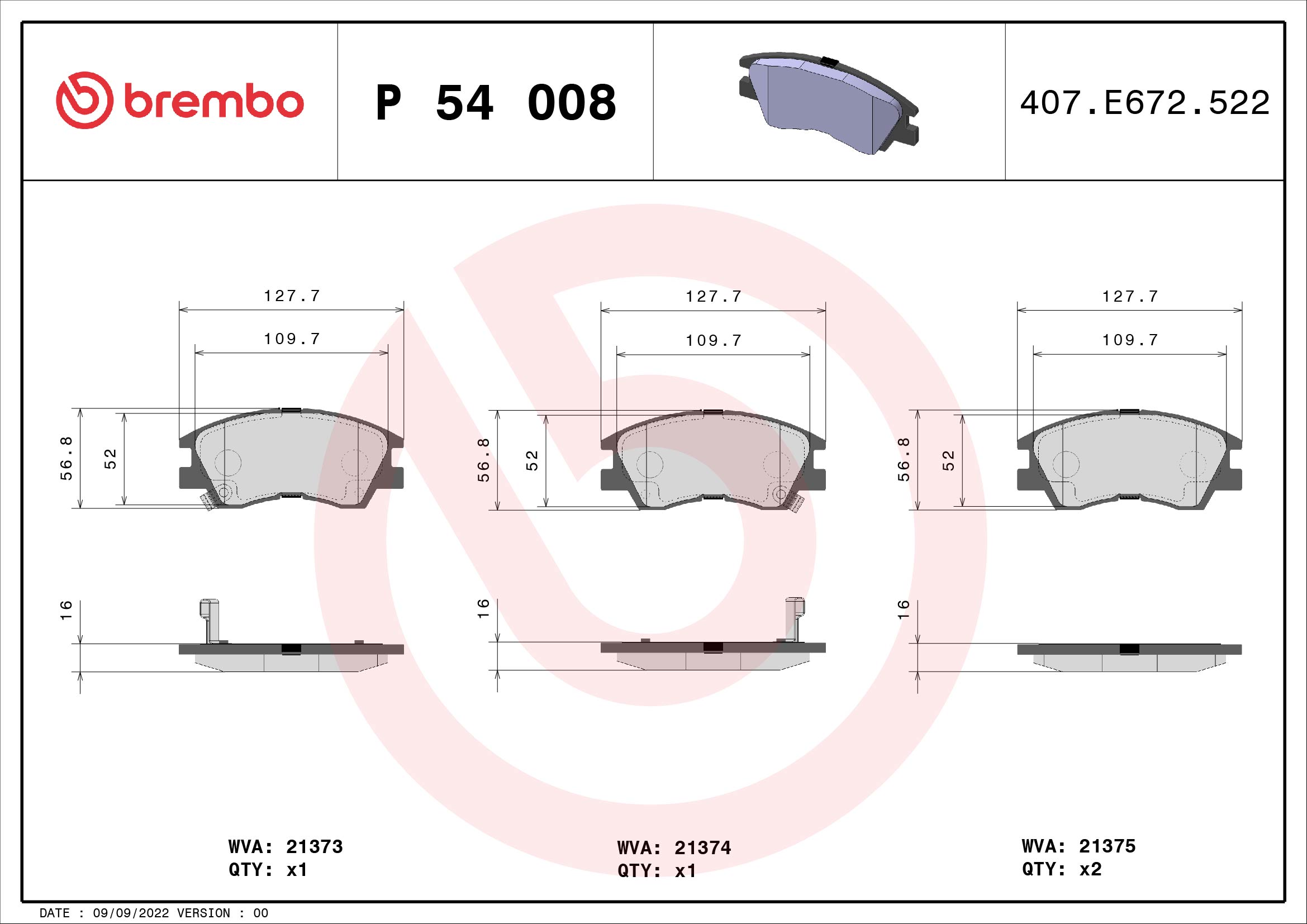 BREMBO P54008 Fékbetét készlet, tárcsafék